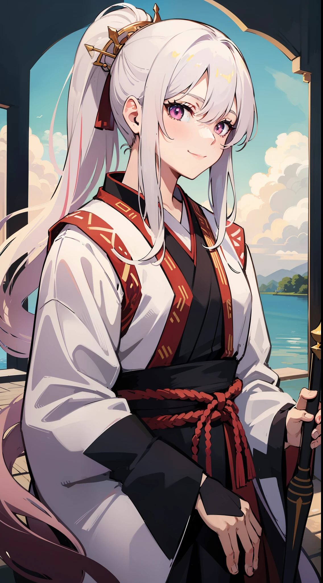 adult man, Long white hair, high ponytail, pink eye color, Hanfu, spear, ssmile, Lake, Masterpiece, hiquality