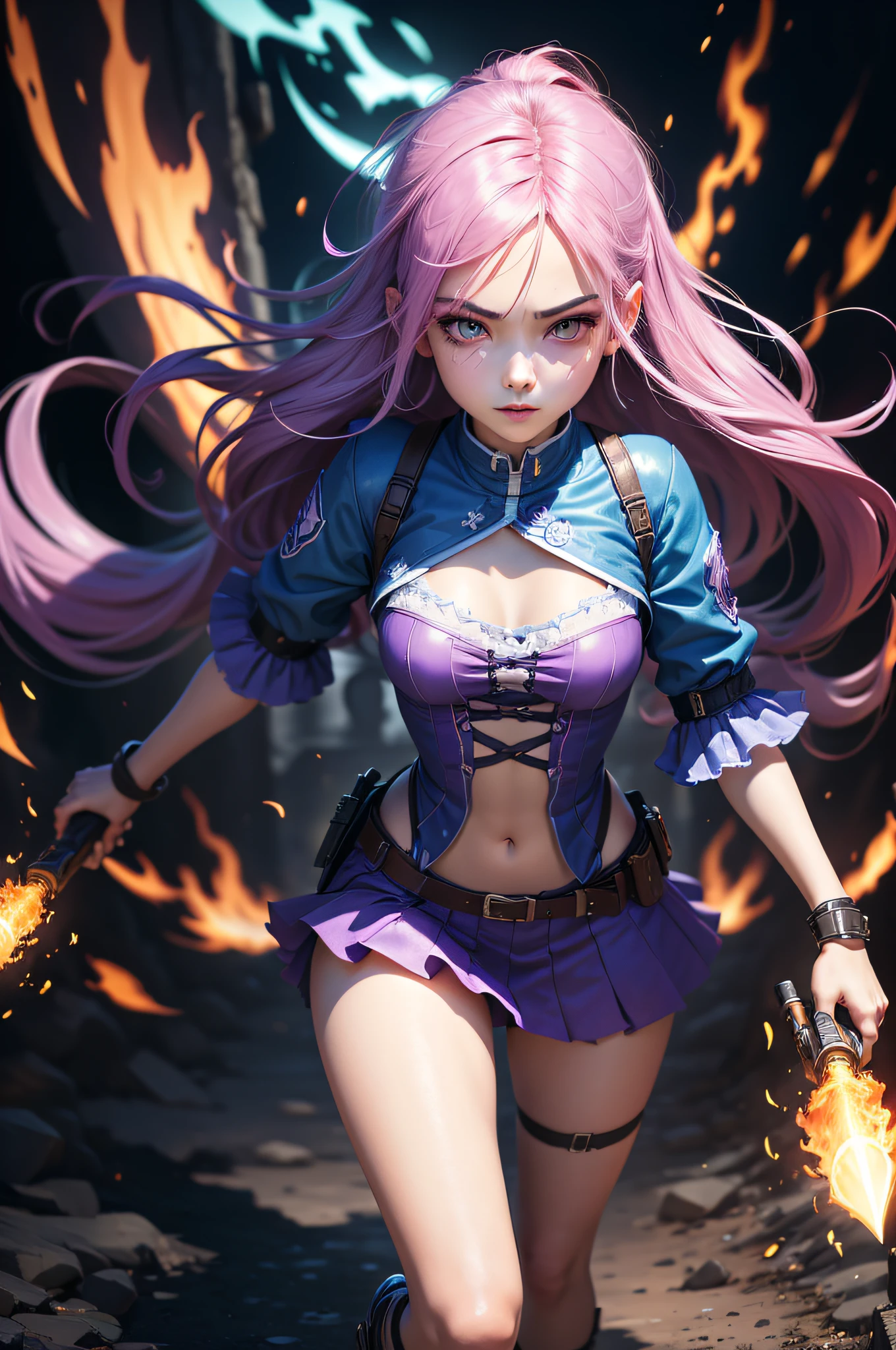 (jinxLol),best quality, official art, 8k wallpaper, highly detailed, illustration, detailed eyes, pretty jinx with weapon in hand, full body,Wearing a lot of clothes，Holding weapons in hand, emitting blue light, in battle, cool background, blue light, flames , (best quality),((masterpiece)),(highres), original, extremely detailed 8K wallpaper,(an extremely delicate and beautiful)