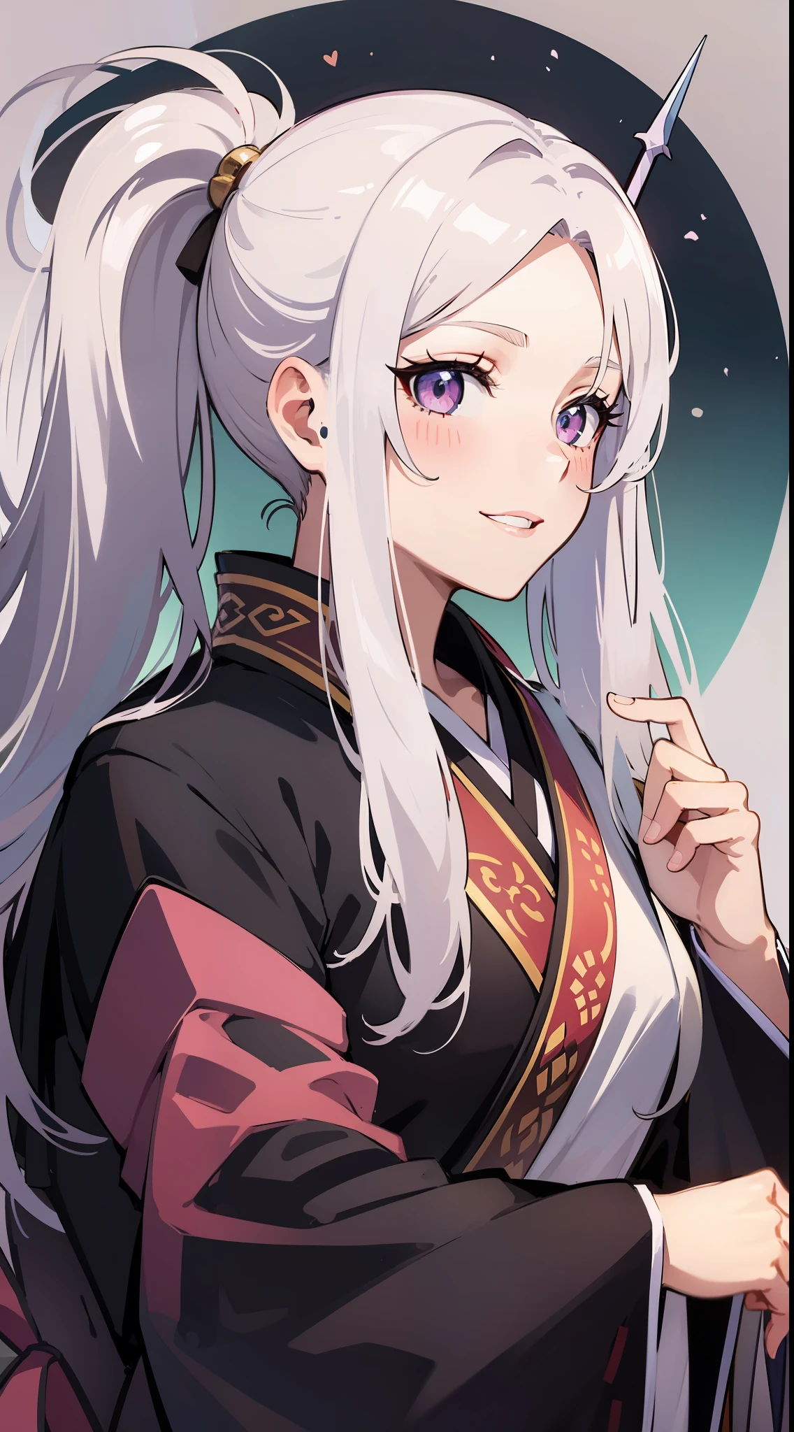 adult man, Long white hair, high ponytail, pink eye color, Hanfu, spear, ssmile, Lake, Masterpiece, hiquality
