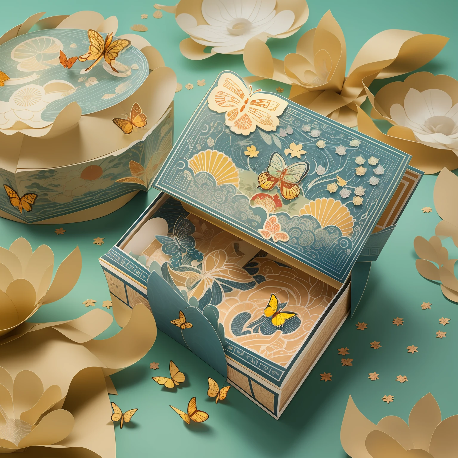 rendering by octane，Mid-Autumn Festival cultural and creative folding book packaging gift box scene，Traditional Dunhuang pattern，The content contains butterflies，jelly fish，cornucopia，Strong contrast