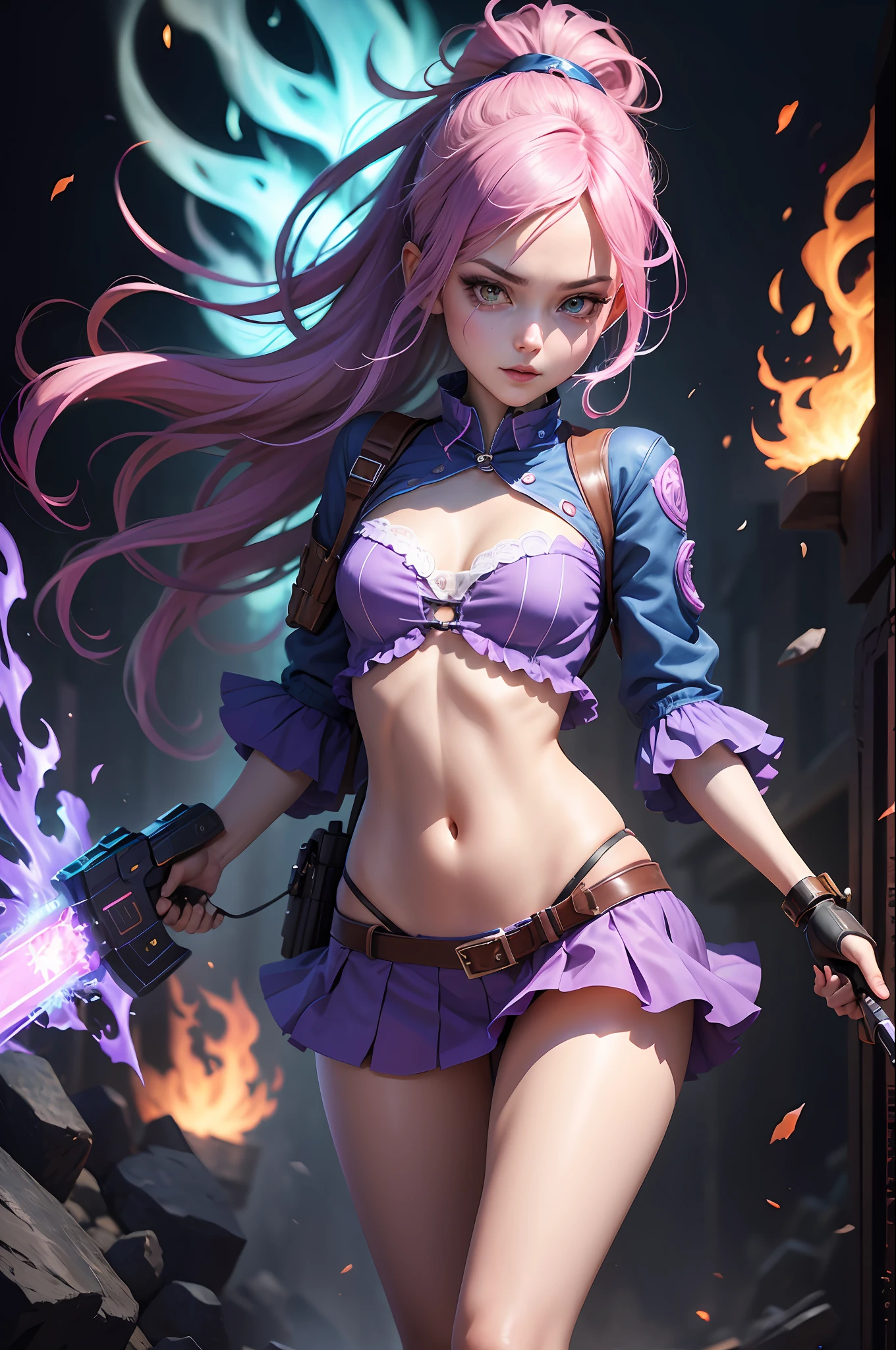 (jinxLol),best quality, official art, 8k wallpaper, highly detailed, illustration, detailed eyes, pretty jinx with weapon in hand, full body,Wearing a lot of clothes，Holding weapons in hand, emitting blue light, in battle, cool background, blue light, flames , (best quality),((masterpiece)),(highres), original, extremely detailed 8K wallpaper,(an extremely delicate and beautiful)