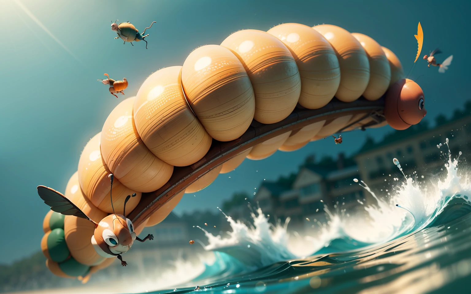 Sports competitions. Funny, funny Snail and funny Caterpillar. They fly somersault from a springboard into the water. close-up. Disney Pixar cartoon style frame, super photorealistic, cinematic, muted colors, light haze, high-speed blurry background of a summer meadow. --auto --s2