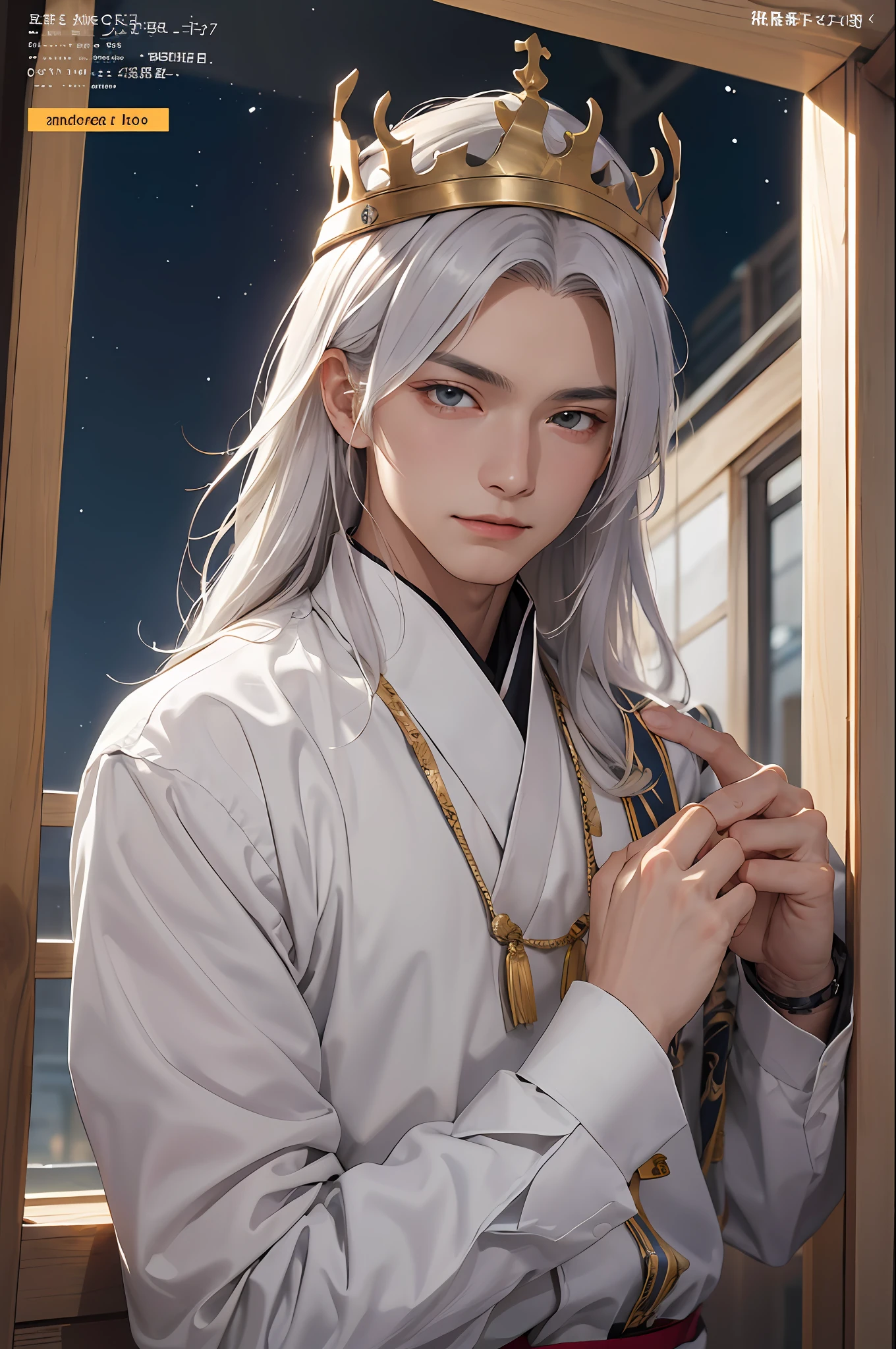 tmasterpiece, Best quality at best, high high quality, 1boys,Tough guy,Bookish,Gentle,With wounds,Ming subdued Han uniform,traditionalcostumes,Moon-white shirt,long whitr hair,Hair crown,with a determined look in his eyes,The eyes are affectionate,ssmile, 独奏, malefocus, The upper part of the body, looking at viewert,MagazineCover,