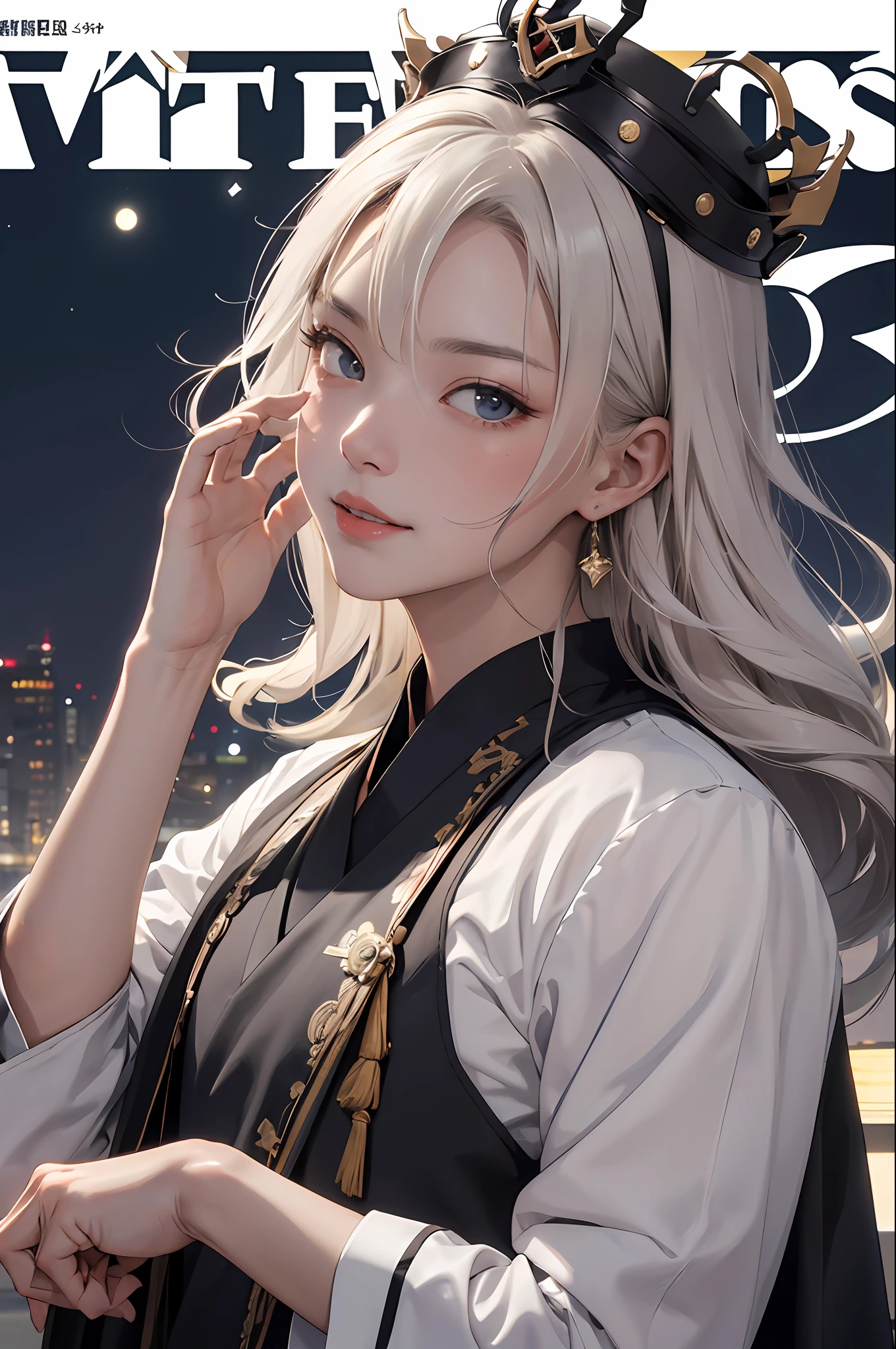 tmasterpiece， Best quality at best， high high quality， 1boys，Tough guy，Bookish，Gentle，With wounds，Ming subdued Han uniform，traditionalcostumes，Moon-white shirt，long whitr hair，Hair crown，with a determined look in his eyes，The eyes are affectionate，ssmile， 独奏， malefocus， The upper part of the body， looking at viewert，MagazineCover，
