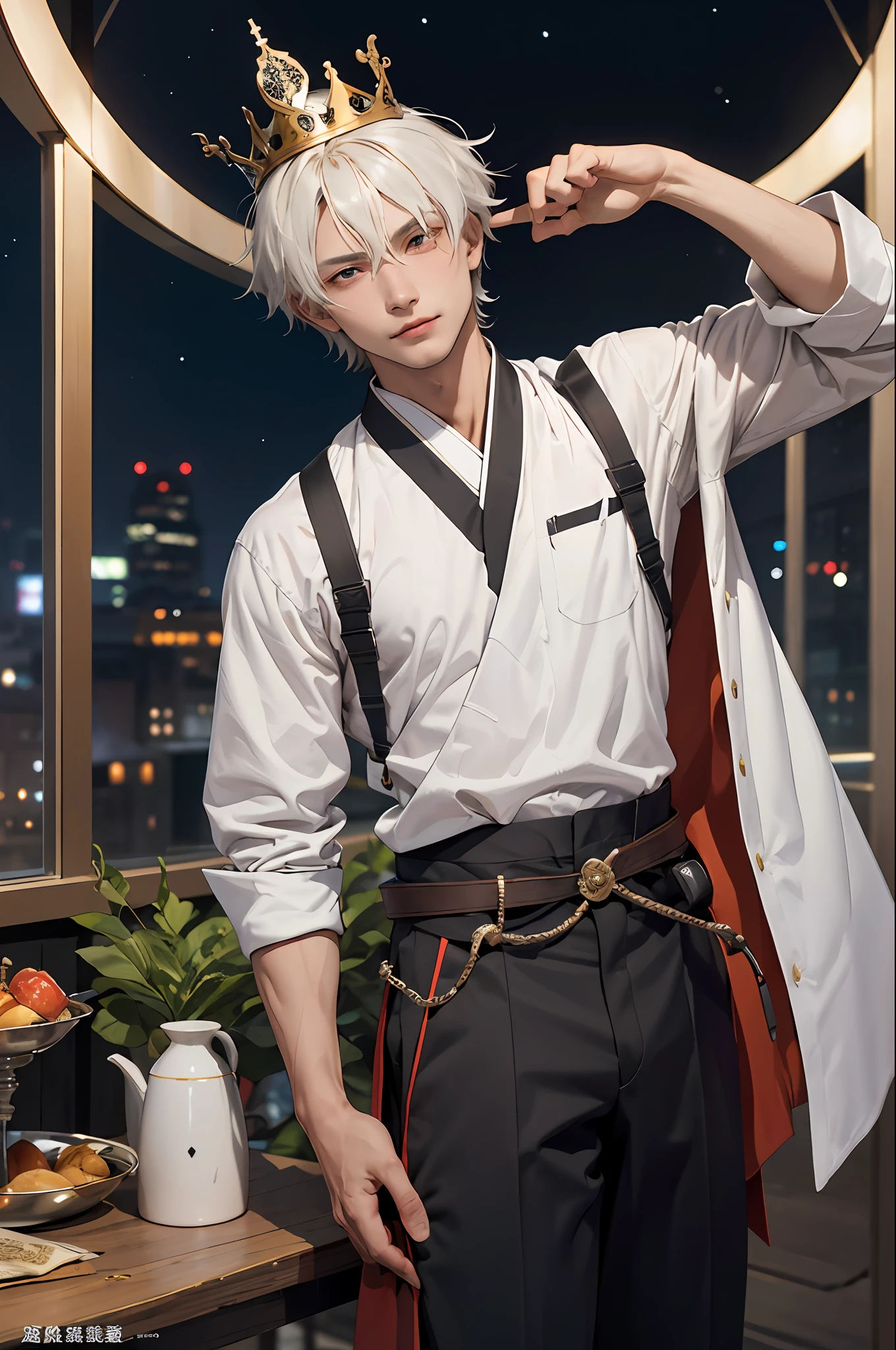 tmasterpiece， Best quality at best， high high quality， 1boys，Tough guy，Bookish，Gentle，With wounds，Ming subdued Han uniform，traditionalcostumes，Moon-white shirt，long whitr hair，Hair crown，with a determined look in his eyes，The eyes are affectionate，ssmile， 独奏， malefocus， The upper part of the body， looking at viewert，MagazineCover，