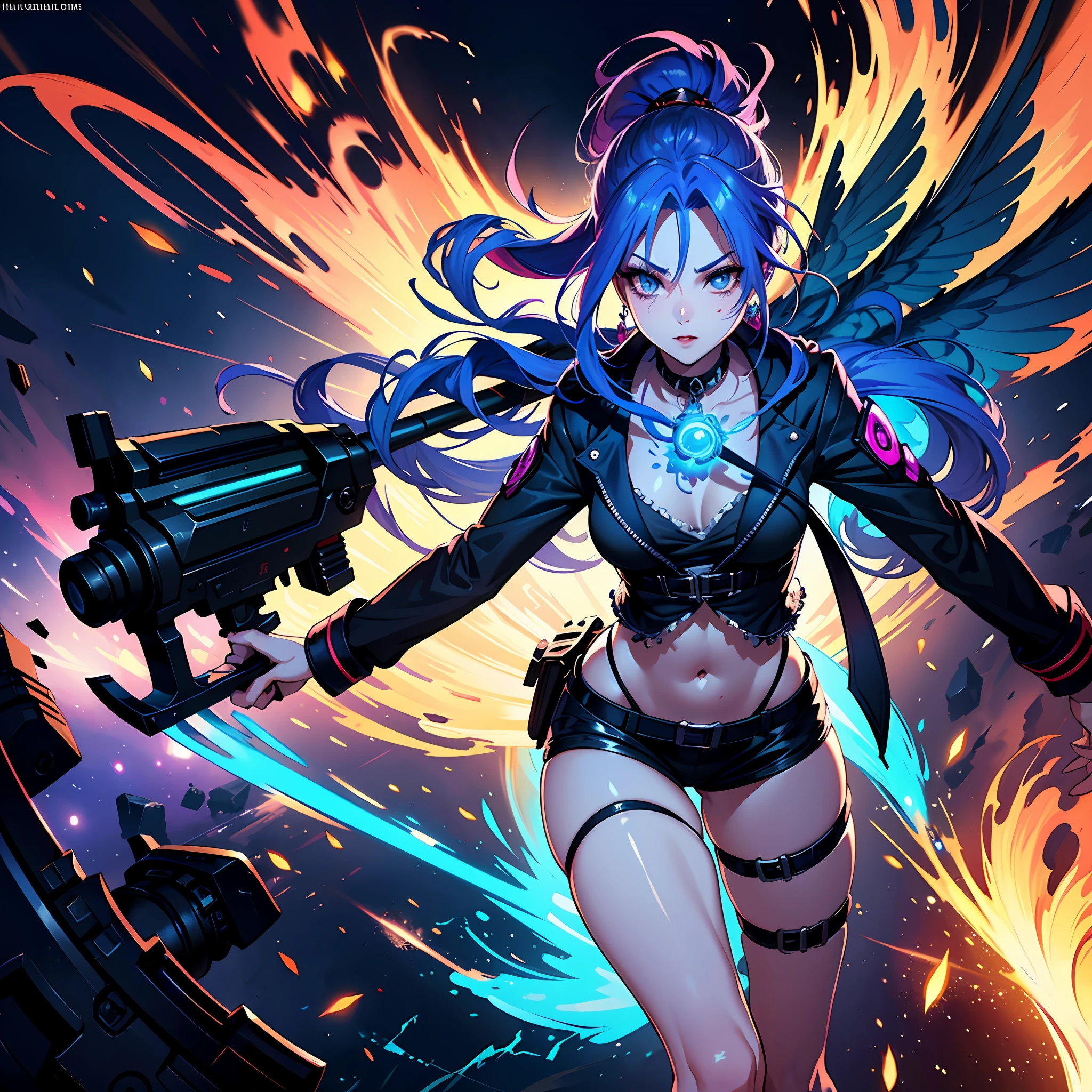 (Jinx,league of legend),best quality, official art, 8k wallpaper, highly detailed, illustration, detailed eyes, pretty jinx with weapon in hand, full body,Wearing a lot of clothes,Holding weapons in hand, emitting blue light, in battle, cool background, blue light, flames , (best quality),((masterpiece)),(highres), original, extremely detailed 8K wallpaper,(an extremely delicate and beautiful)