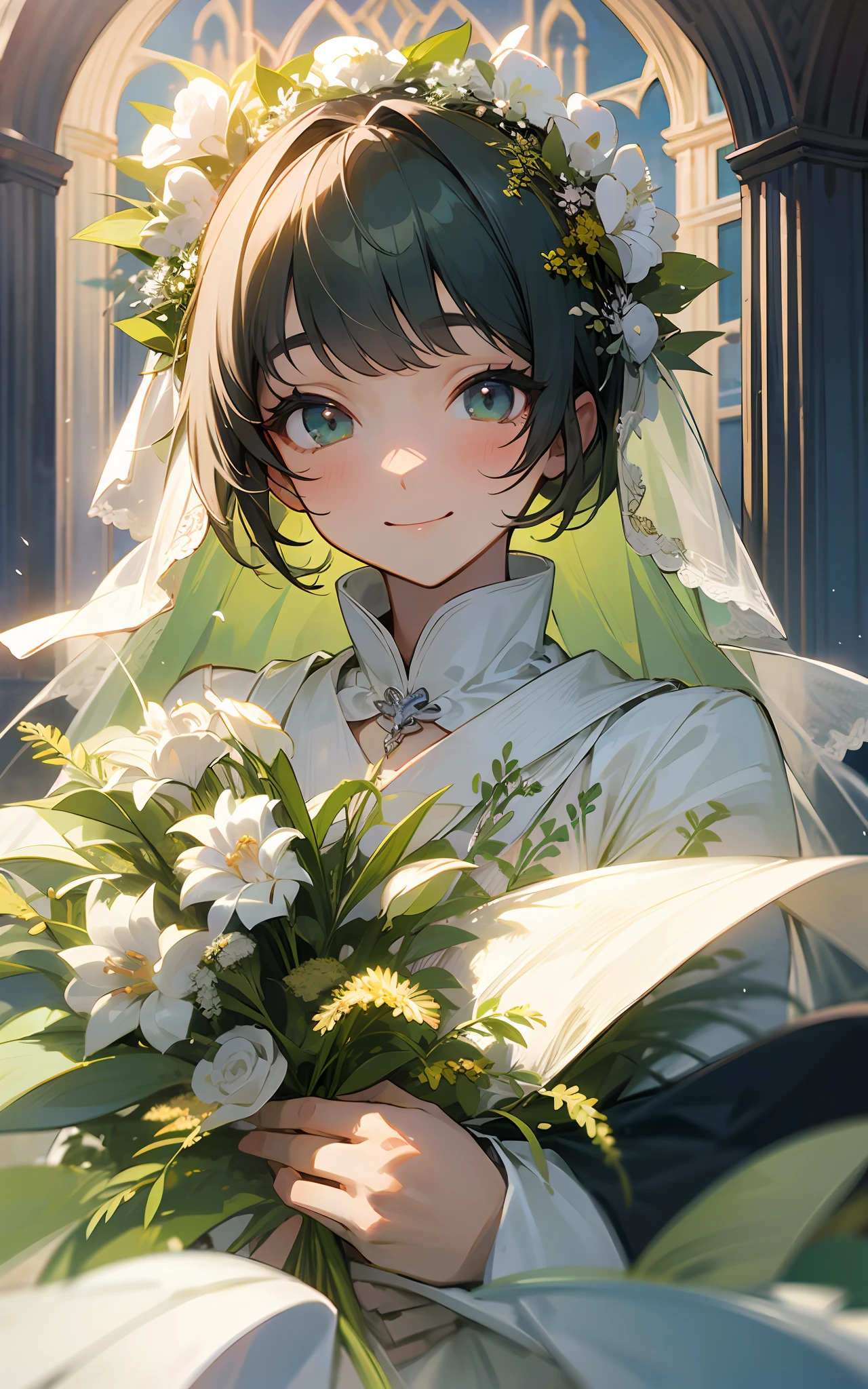 Beautiful girl in green shortcut、wearing a wedding dress、Small Church、Smile wide open、