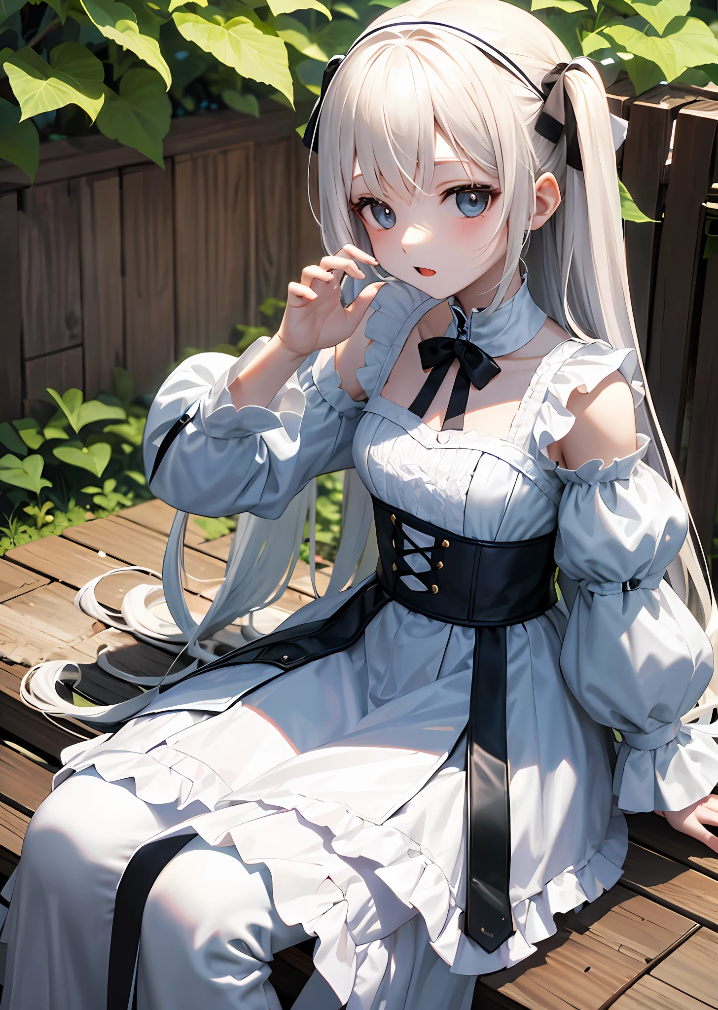 solo、1girl、doll-joints、full-body portraits、White Gothic costume、无袖、sitting down、White-colored skin