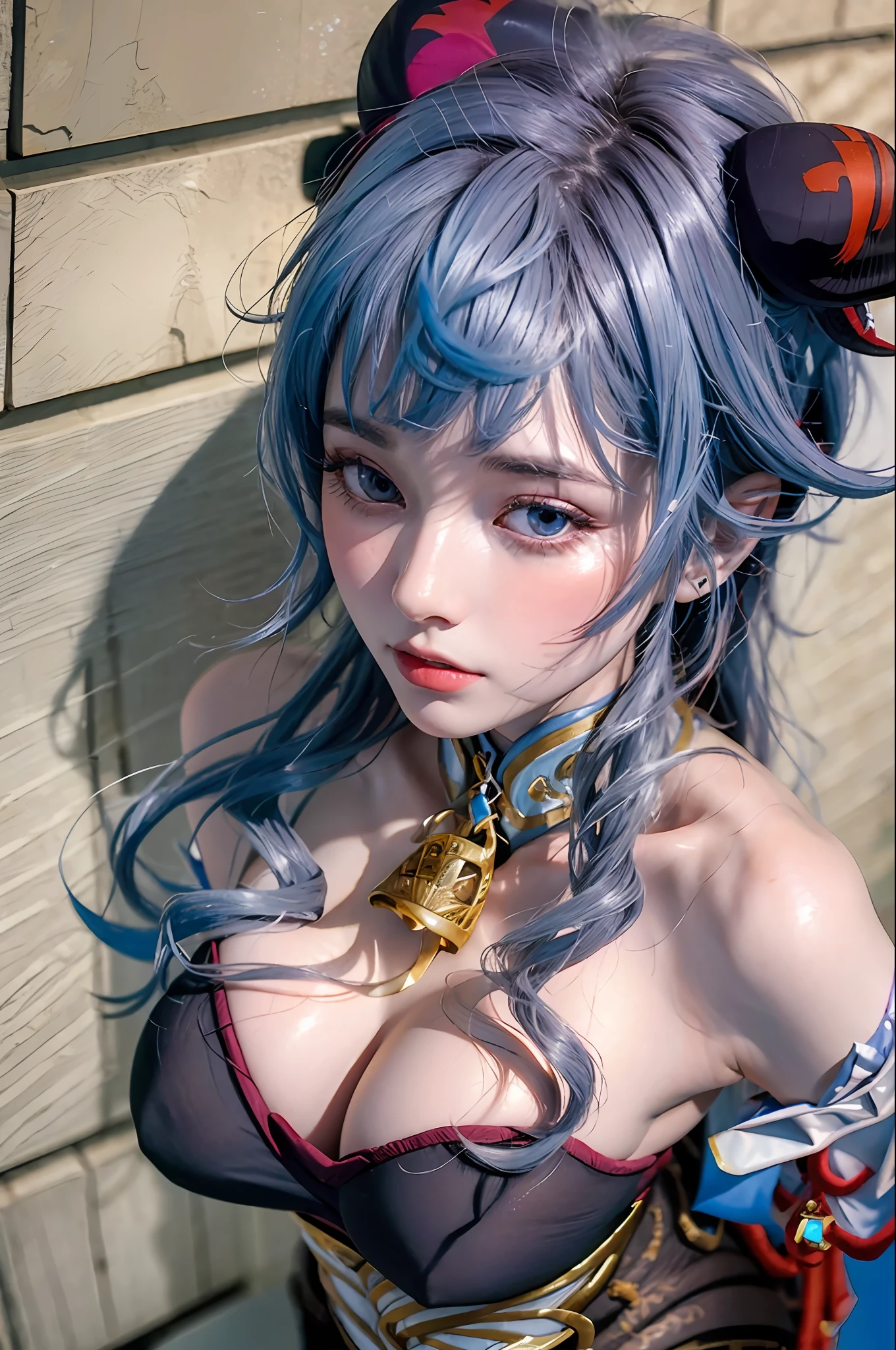 (photorealistic:1.4), (masterpiece, sidelighting, finely detailed beautiful eyes: 1.2), masterpiece*portrait, realistic, 3d face, 
ganyu \(genshin impact\), 1girl, ahoge, architecture, bangs, bare shoulders, bell, black gloves, black pantyhose, (blue hair), blush, breasts, chinese knot, detached sleeves, flower knot, gloves, horns, long hair, looking at viewer, medium breasts, neck bell