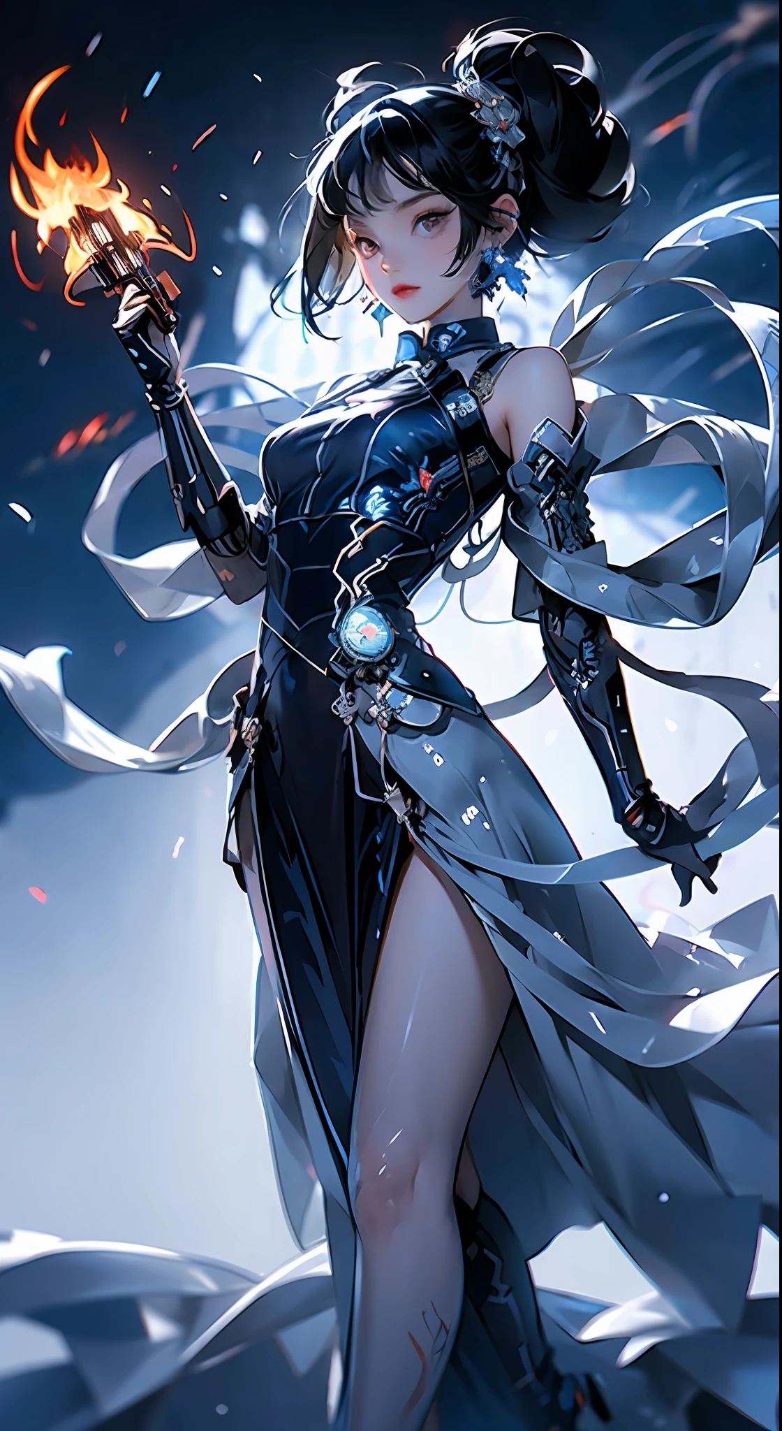 (jinxLol),best quality, official art, 8k wallpaper, highly detailed, illustration, detailed eyes, pretty jinx with weapon in hand, full body,Wearing a lot of clothes,Holding weapons in hand, emitting blue light, in battle, cool background, blue light, flames , (best quality),((masterpiece)),(highres), original, extremely detailed 8K wallpaper,(an extremely delicate and beautiful)
