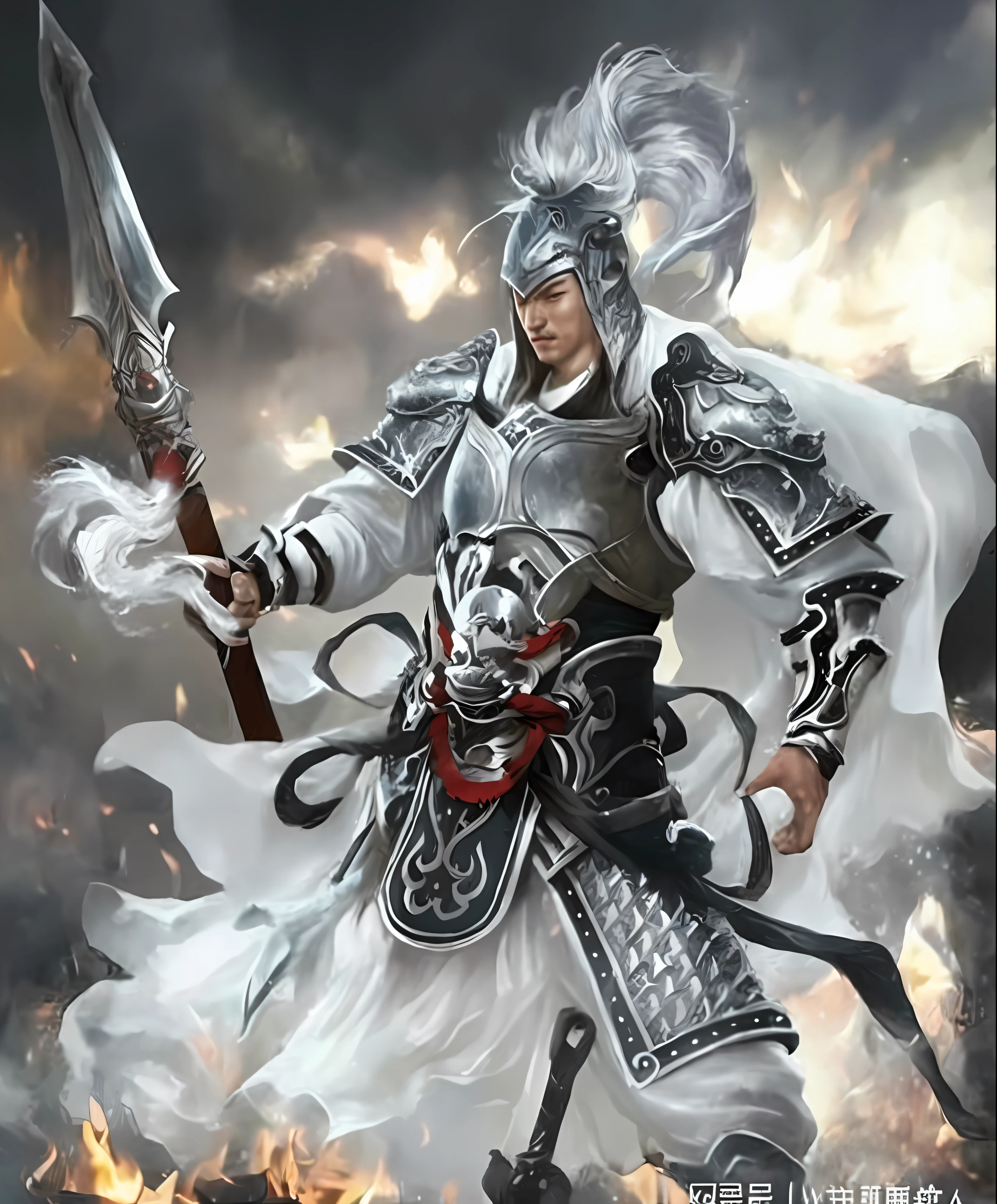 a close up of a person holding a sword in a fire, Chinese Warrior, zhao yun, by Yang J, inspired by Li Gonglin, powerful warrior, Inspired by Hu Zaobin, Chinese armor, silver armor,Silver gun,Lots of detail,Extremely refined