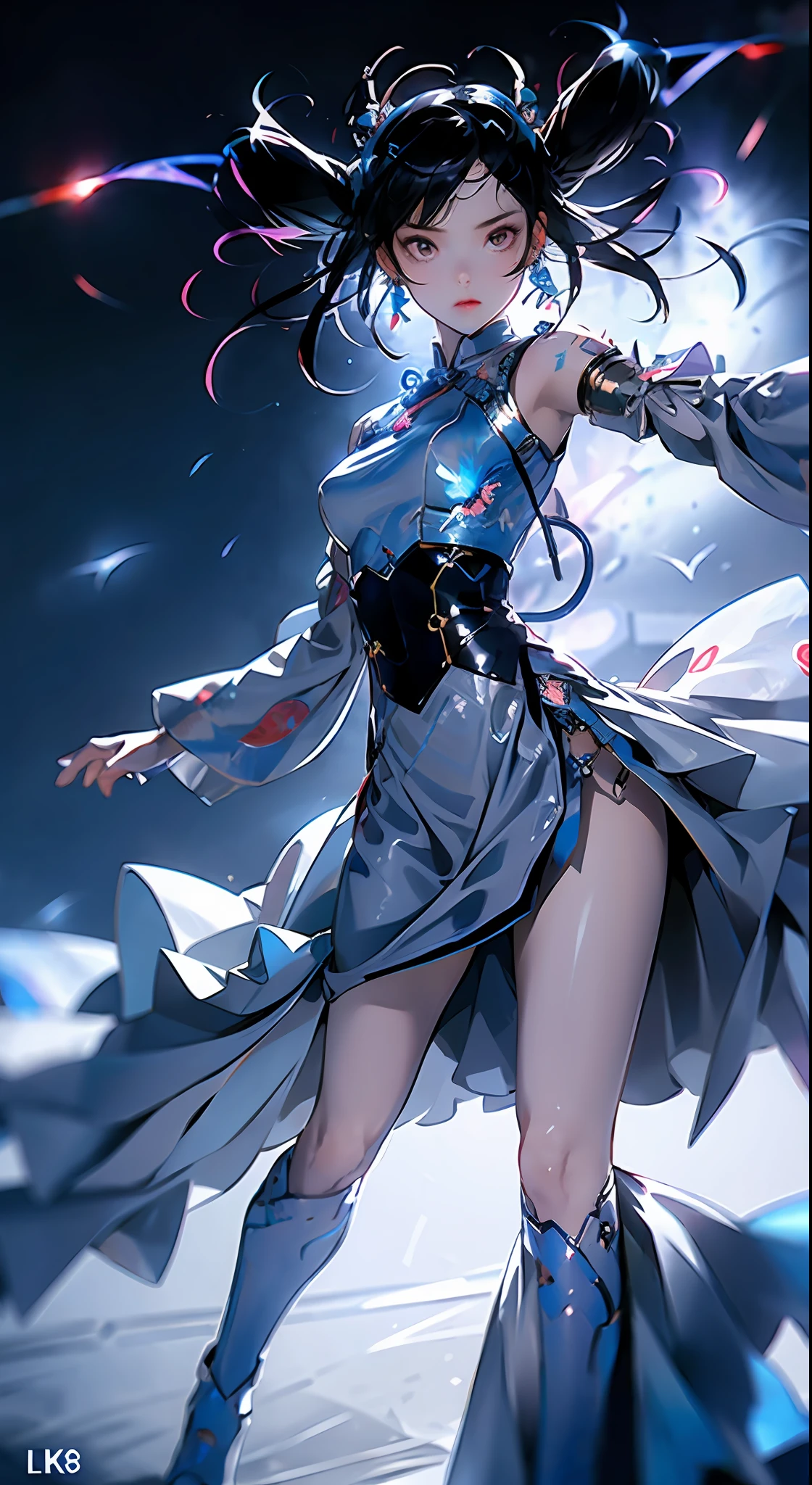 (jinxLol),best quality, official art, 8k wallpaper, highly detailed, illustration, detailed eyes, pretty jinx with weapon in hand, full body,Wearing a lot of clothes,Holding weapons in hand, emitting blue light, in battle, cool background, blue light, flames , (best quality),((masterpiece)),(highres), original, extremely detailed 8K wallpaper,(an extremely delicate and beautiful)