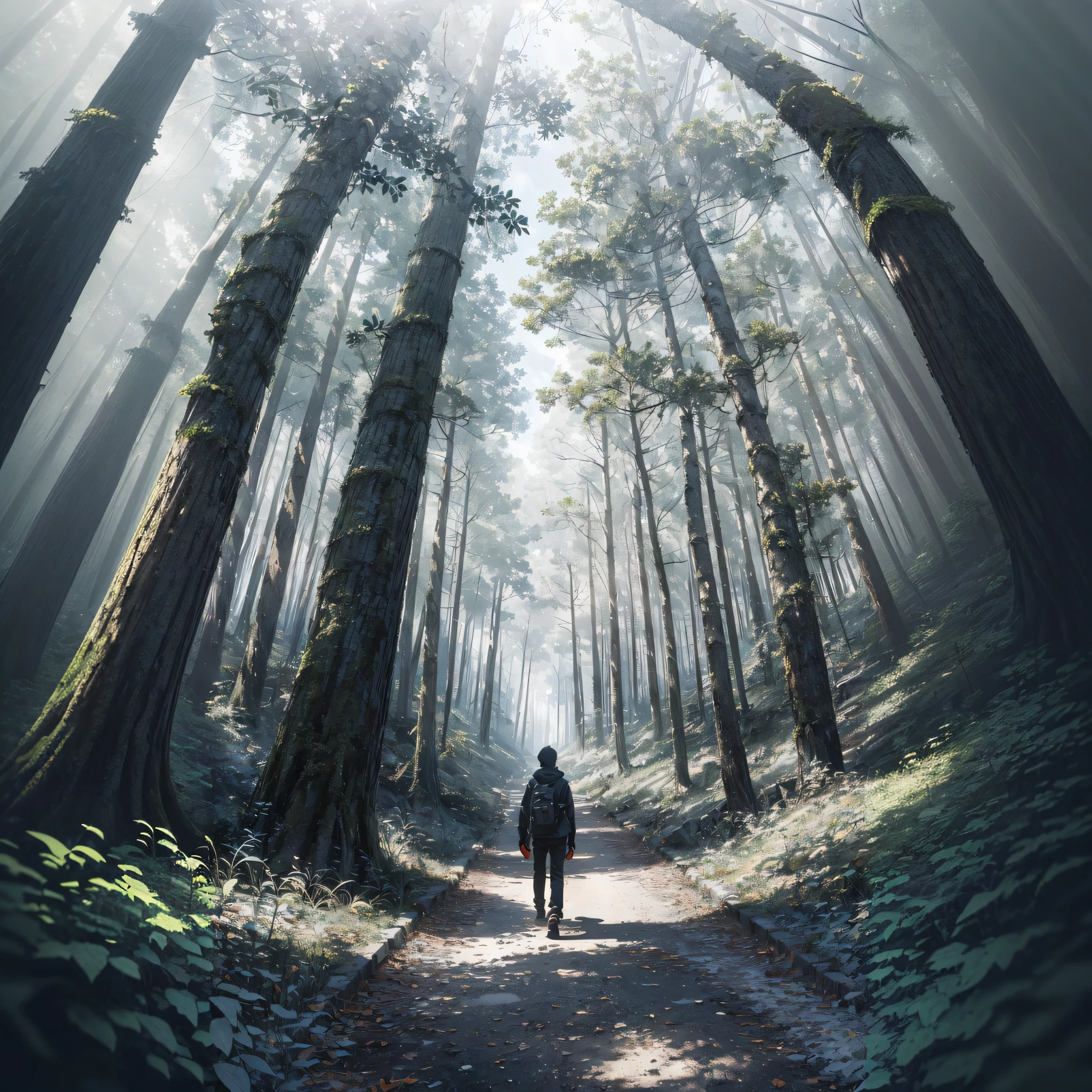 there is a man walking down a path in the woods, Walking through the forest, walking through a forest, walking in forest, lost in a forest, Walking in the forest, Lost in the forest, walking in forest, standing in forest, anime lush john 8k woods, standing on a forest, standing in forest, walking around in a forest