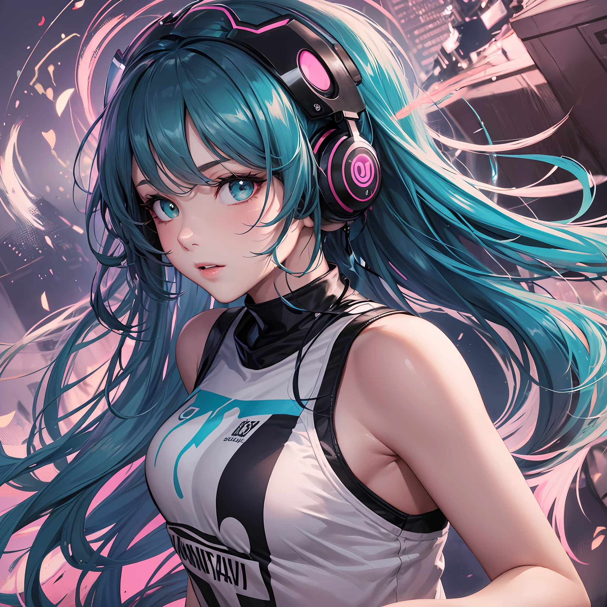 （tmasterpiece，top Quority，best qualtiy，offcial art，Beauty and aesthetics：1.2），（1girll：1.3），The is very detailed，"Youth" theme，eyes with brightness，frizzy hair，Clear hair segmentation，Modern clothes depict the face in detail，The best lighting，2D style，galloping，Big gesture，Youthful，With hands，Sports girl wearing headphones，sport，Music and movement，The main colors are teal and pink --auto