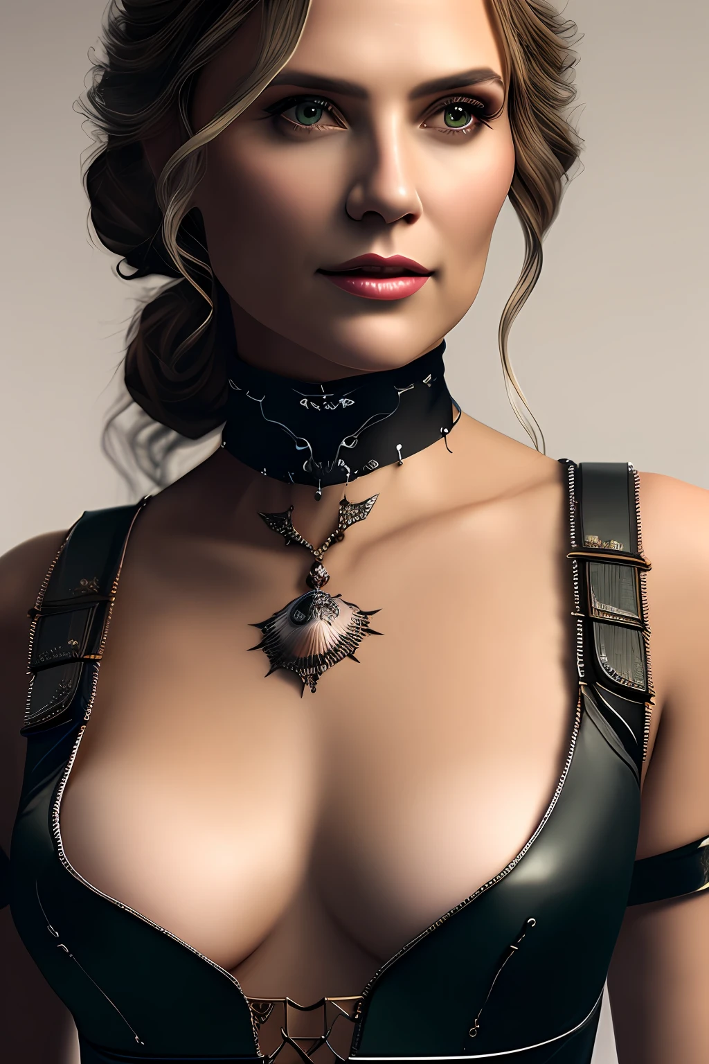 tmasterpiece,Ultra photo realsisim,32K,extremely detailed nipple,Beautiful woman,choker necklace, Unified wallpaper, Best quality,Cinematic style, (shredder:1.2),(Westworld:1.2), (Sci-fi Westerns:1.2)