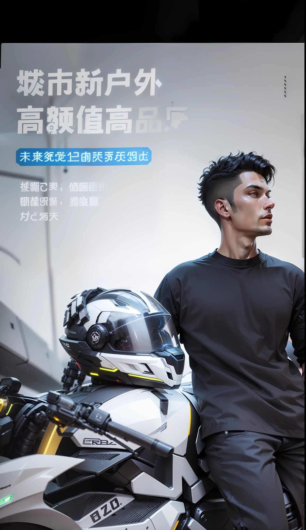 Handsome full body black mecha white short hair cyber handsome warrior, black cyber mechanical motorcycle, high-tech black full surround helmet, white short hair, Nousr, biomechanics, MSHN robot man, high-tech helmet, surreal, steel, complex design, crazy details, fine details, extremely clear lines, cinematic lighting, photo realism, detailed masterpiece