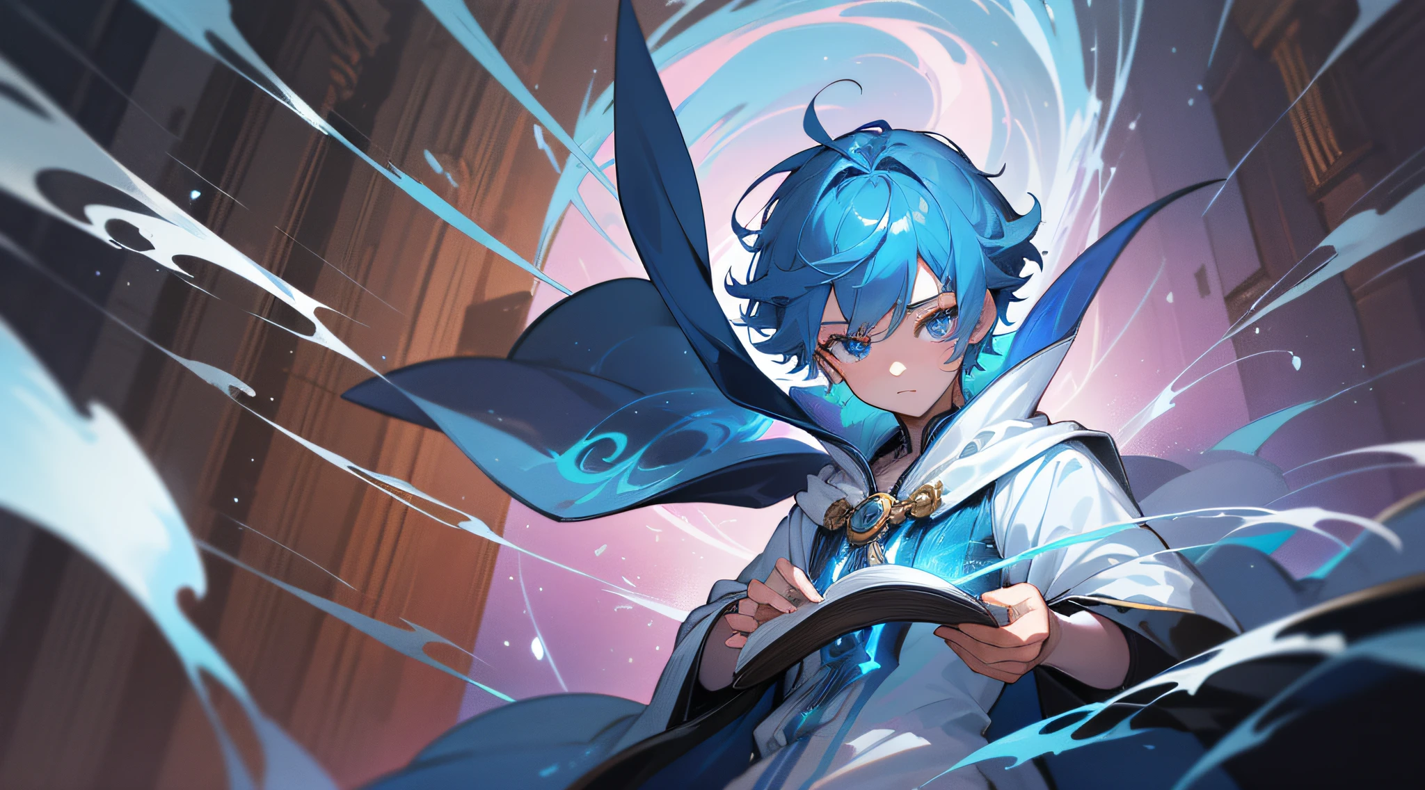 (absurderes, hight resolution, ultra-detailliert), masutepiece, Best Quality, a boy with in white outfit, holding book, Cape, sorcerer, Solo, Handsome, Short hair, Blue hair, Blue Eye, radiant eyes, glow effect, blue flames, finely eye, Detailed face, Spark, swirls, magic vortex, isolated land background, From below, Look down,