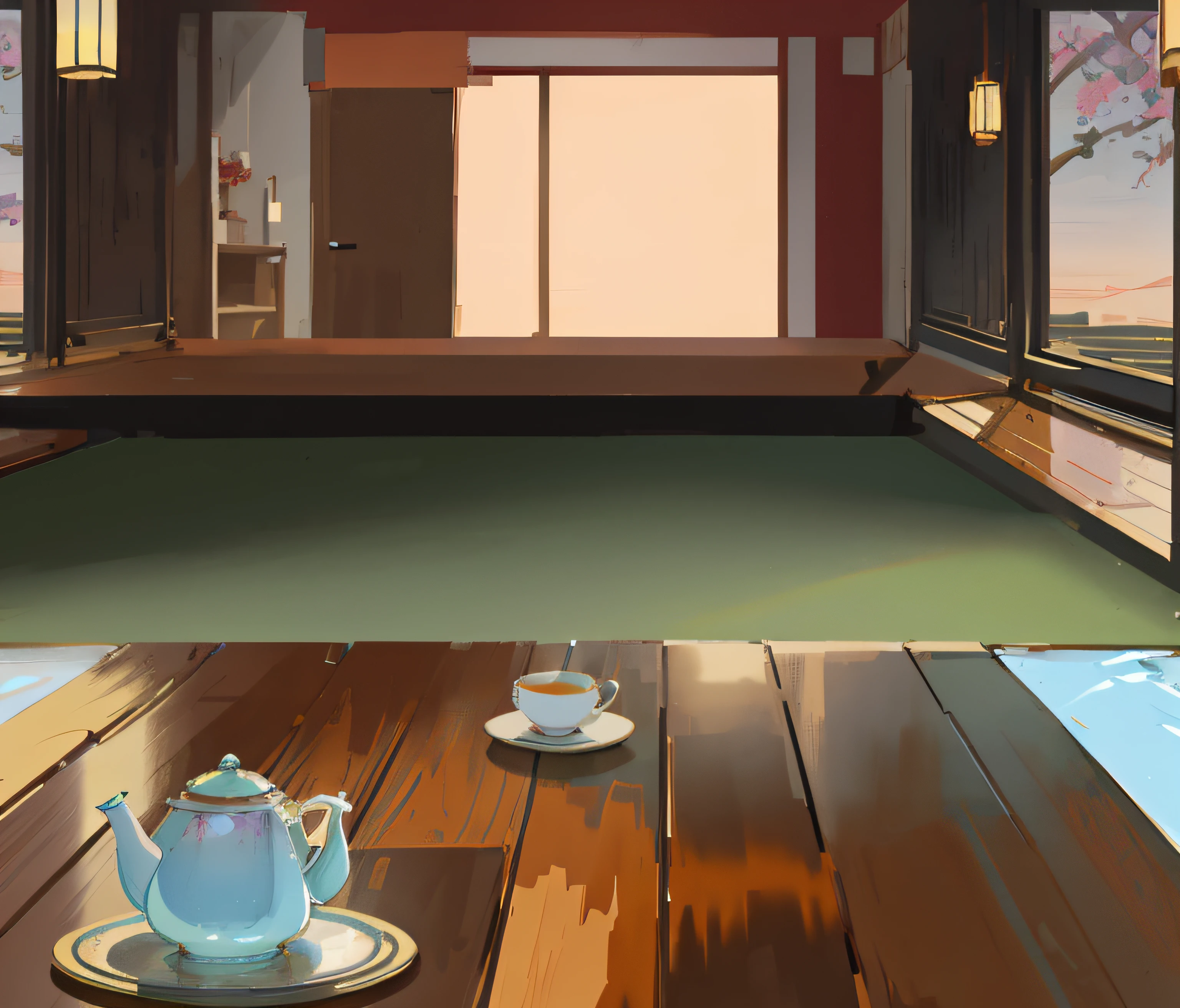 There was a teapot and two cups on the table, Anime background art, interior background art, Relaxing concept art, tea ceremony scene, cozy cafe background, Anime landscape concept art, anime backgrounds, inspired by Tōshi Yoshida, Detailed scenery —width 672, calm afternoon, drawn in anime painter studio, arte de fundo, quiet and serene atmosphere