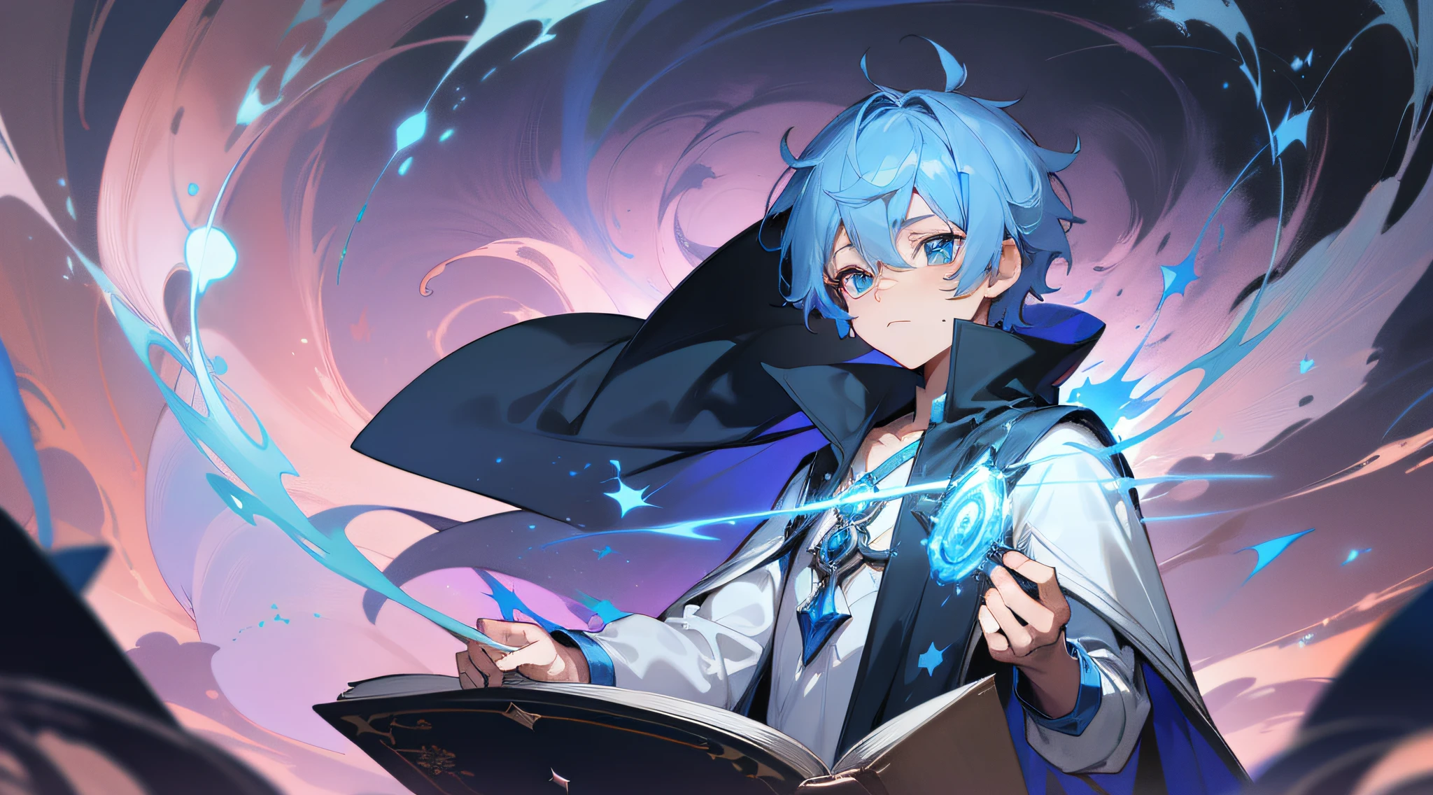 (absurderes, hight resolution, ultra-detailliert), masutepiece, Best Quality, a boy with in white outfit, holding book, Cape, sorcerer, Solo, Handsome, Short hair, Blue hair, Blue Eye, radiant eyes, glow effect, blue flames, finely eye, Detailed face, Spark, swirls, magic vortex, isolated land background, From below, Look down,