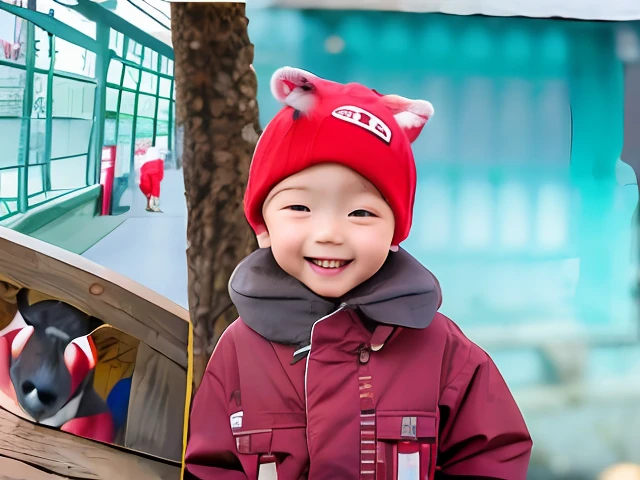 "A little boy wearing a red hat and jacket is photographed at the zoo,A bright red hat。Little goats around、Other kids and cute foals。The photographs were taken in the late 2000s。🧢📷🐐👦🐴📸🎩📅"
