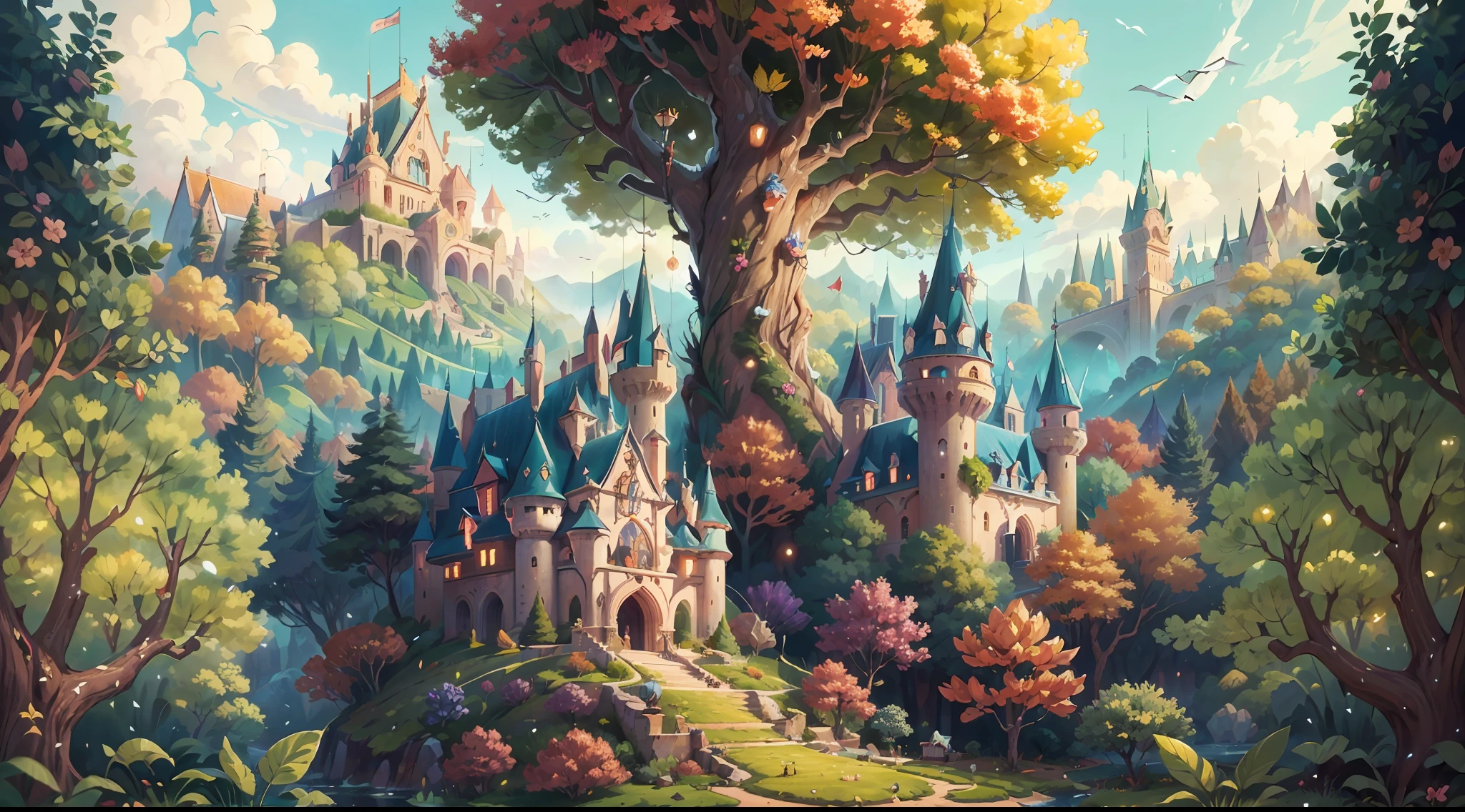 Fairytale picture book-like magical castle with a colorful fantasy forest in the background, ((high quality, masterpiece, high detail, 4K)), wallpaper