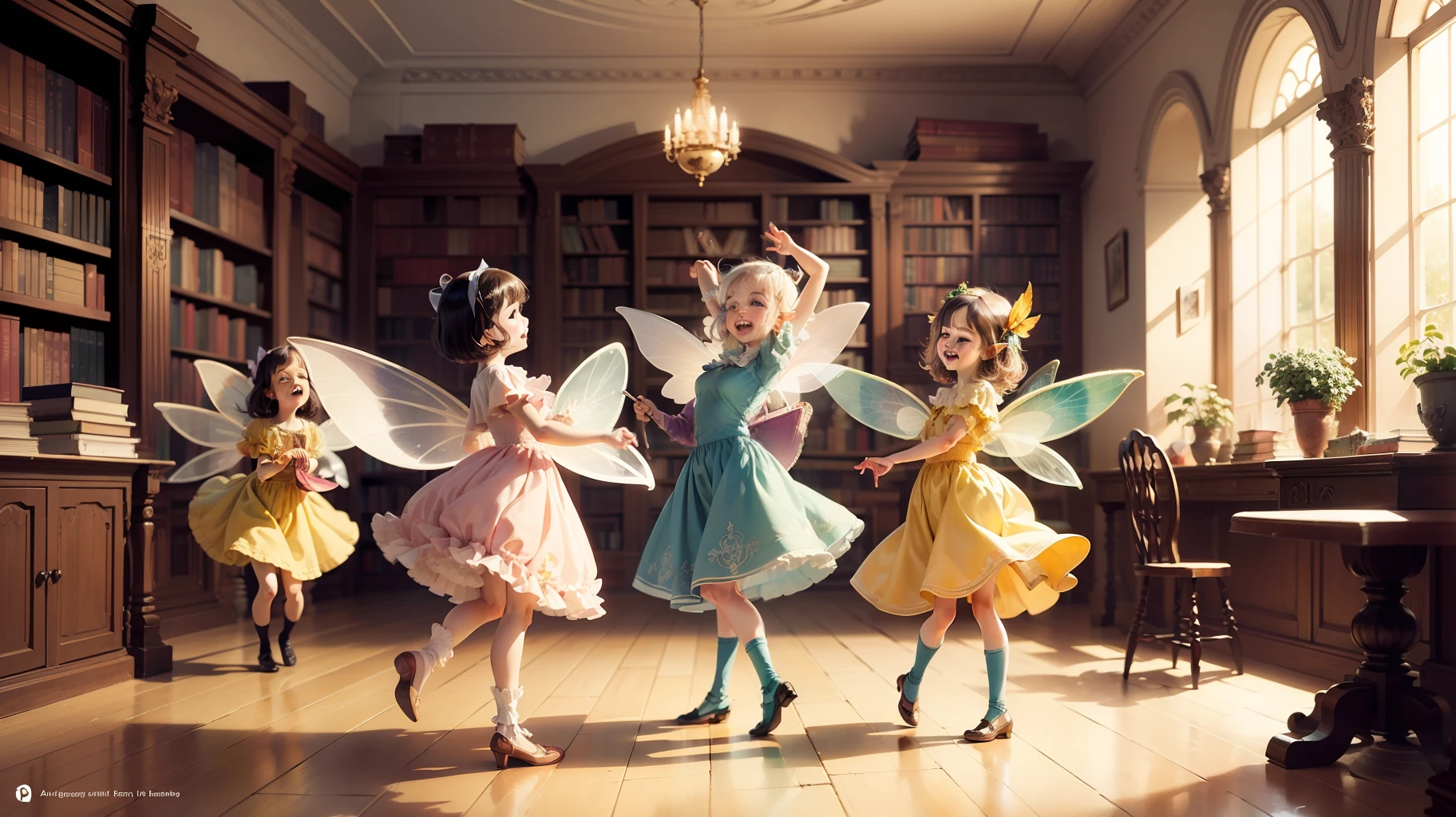 Art nouveau fairies playing and dancing inside a library. Whimsical, happy, funny. Dreamy composition. Happy palette of colours. Highly detailed. Watercolour and ink, children's book illustration. --auto