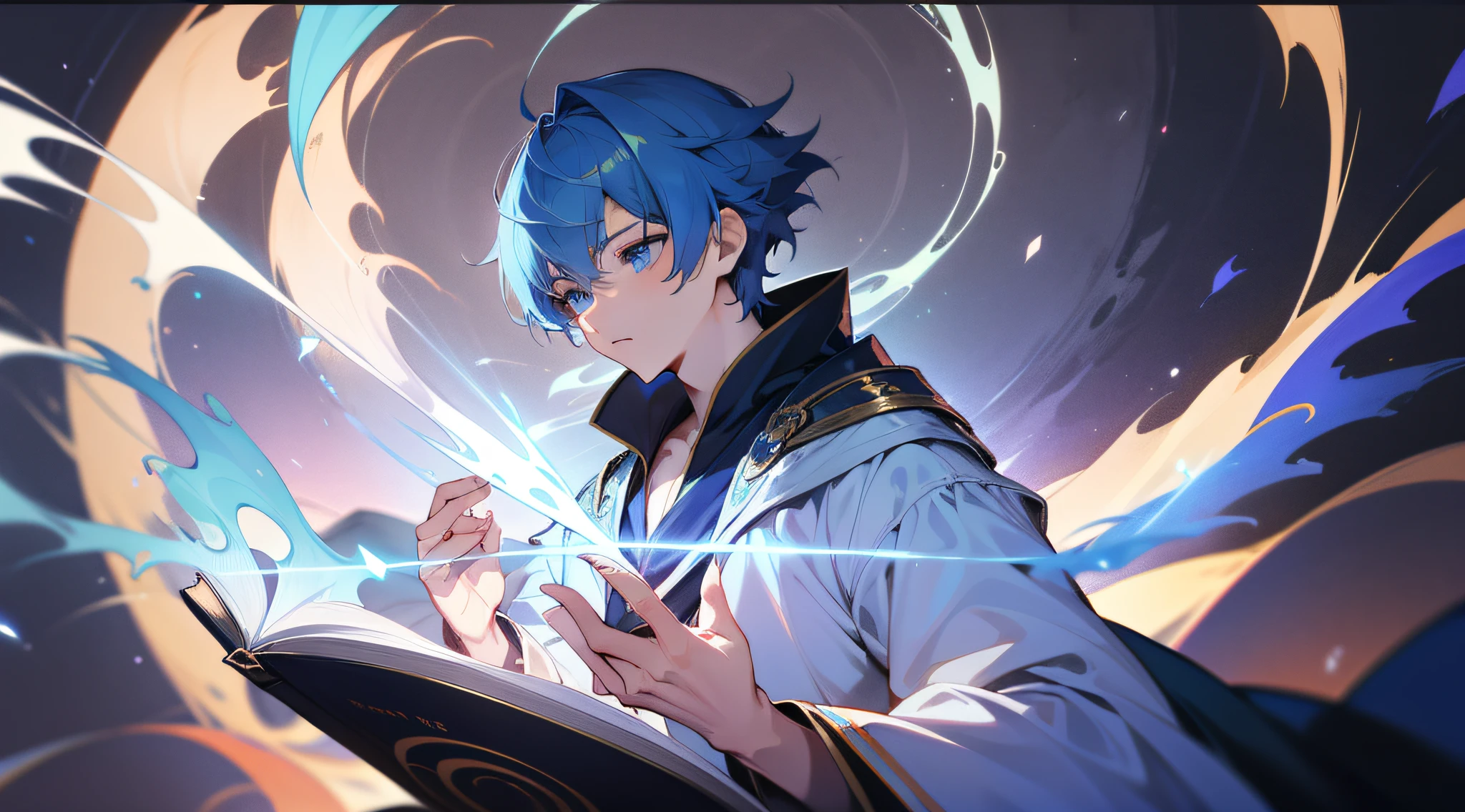 (absurderes, hight resolution, ultra-detailliert), masutepiece, Best Quality, a boy with in white outfit, holding book, Cape, sorcerer, Solo, Handsome, Short hair, Blue hair, Blue Eye, radiant eyes, glow effect, blue flames, finely eye, Detailed face, Spark, swirls, magic vortex, isolated land background, From below, Look down,