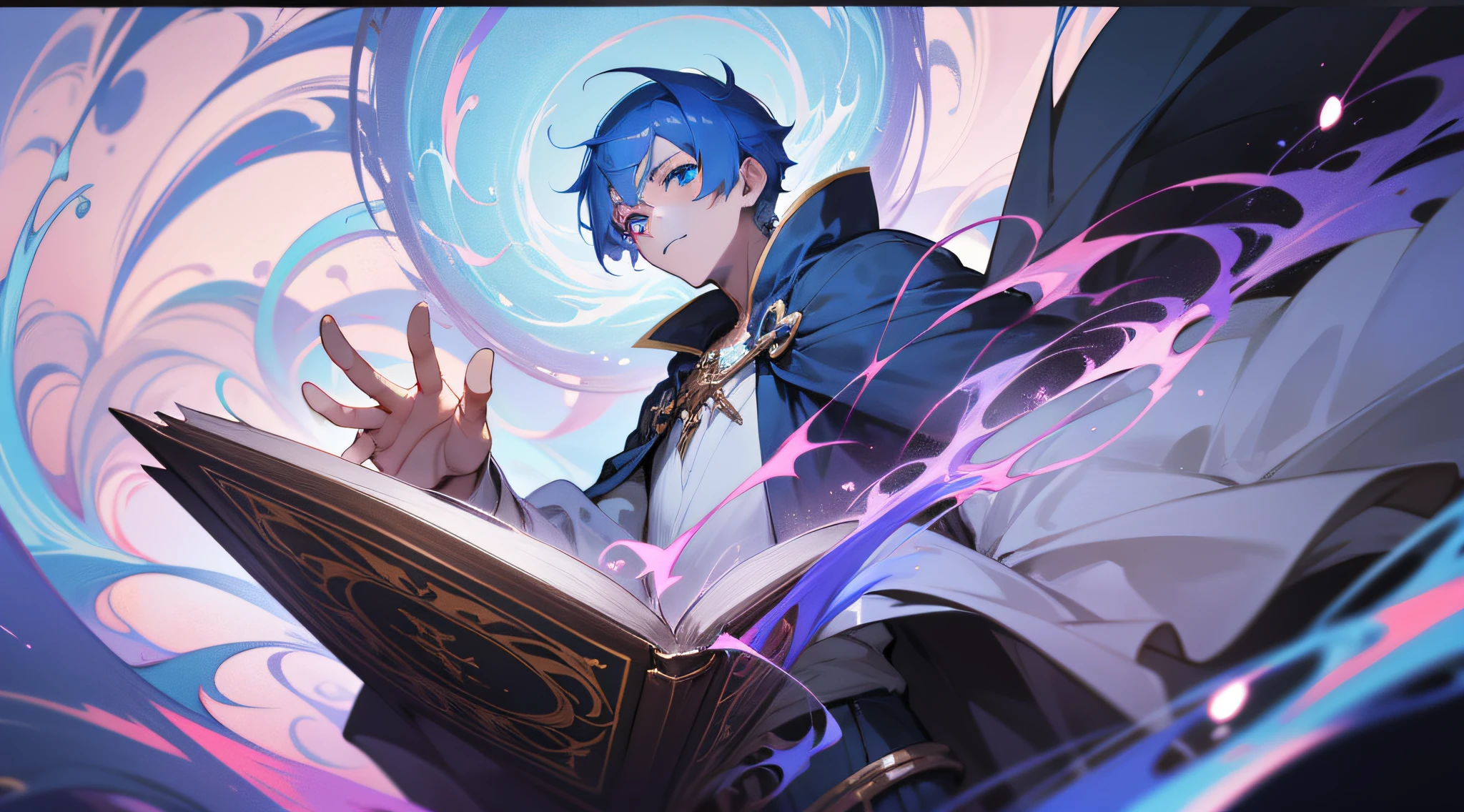 (absurderes, hight resolution, ultra-detailliert), masutepiece, Best Quality, a boy with in white outfit, holding book, Cape, sorcerer, Solo, Handsome, Short hair, Blue hair, Blue Eye, radiant eyes, glow effect, blue flames, finely eye, Detailed face, Spark, swirls, magic vortex, isolated land background, From below, Look down,