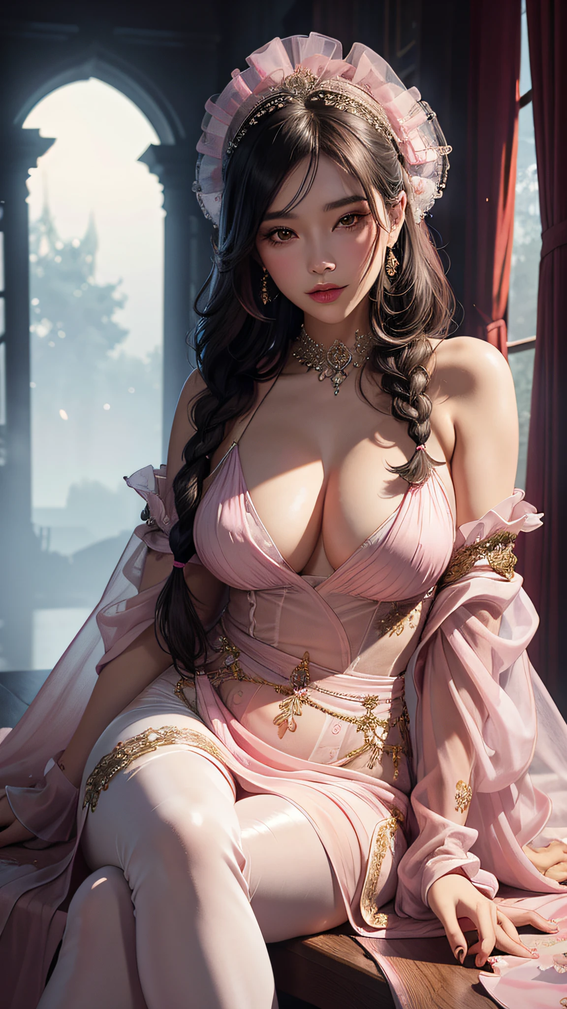 The art depicts a charming woman in a flowing, silky traditional oriental dress in pink, tight translucent trousers, decorated with intricate patterns and bright colors. Her dress drapes elegantly over her curvy figure, accentuating her seductive silhouette. She stood gracefully in the quiet moonlit night, bathed in the soft glow of the moonlight. The scene exudes an ethereal and dreamy atmosphere, with a touch of mystery and sexiness. The graphic style blends watercolor and digital illustration techniques to evoke a refined beauty and charm. The lights are filled with soft moonlight, casting soft highlights and shadows on her charming features. Bare thighs, wearing tight translucent pants, large breasts, three-dimensional facial features, sitting, upturned legs, side braids