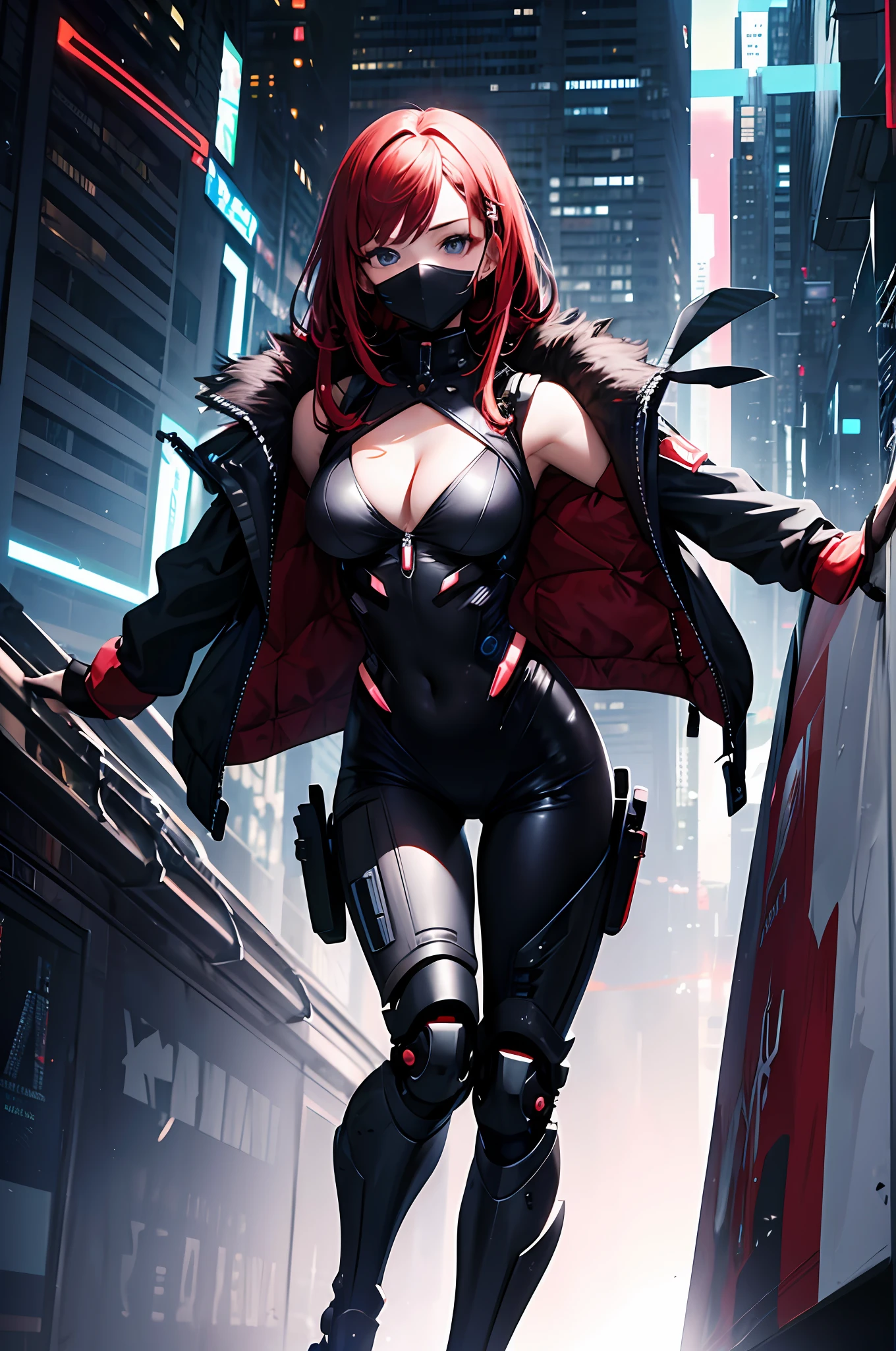 Top quality, masterpiece, ultra-detailed, accurate depiction, highly detailed 8k wallpaper, beautiful mechanical girl, solo, (long red hair), BREAK, (sleeveless exoskeleton suit), (mechanical legs), (perfect 5fingers, 4fingers and 1thumb), (Jacket), half undress, BREAK, techpunkmask, (dynamic angle), (flat_chest, cleavage, wide hips), Cyberpunk City,