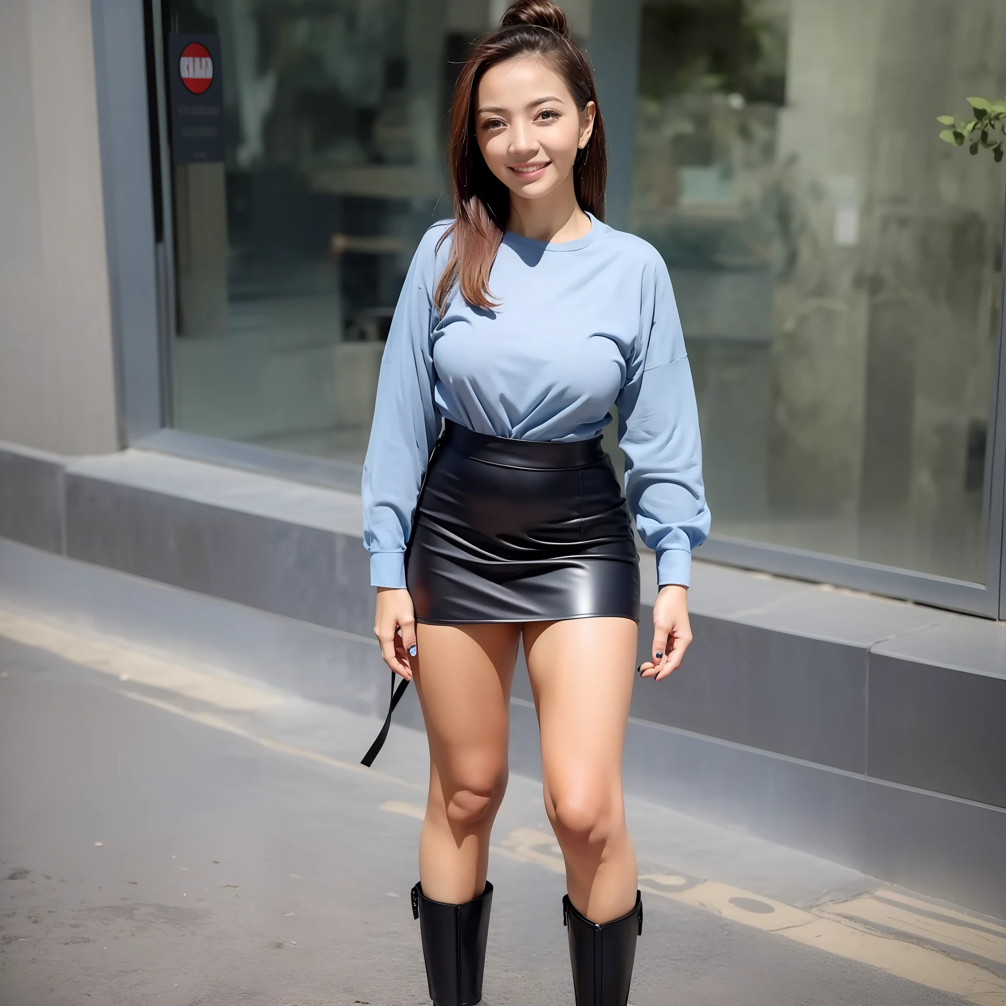 Female, Little smile, Wearing a police suit outfit, light blue shirt, Black skirt, red nail polish, at the front police station, full body, masterpiece, best quality, photorealistic