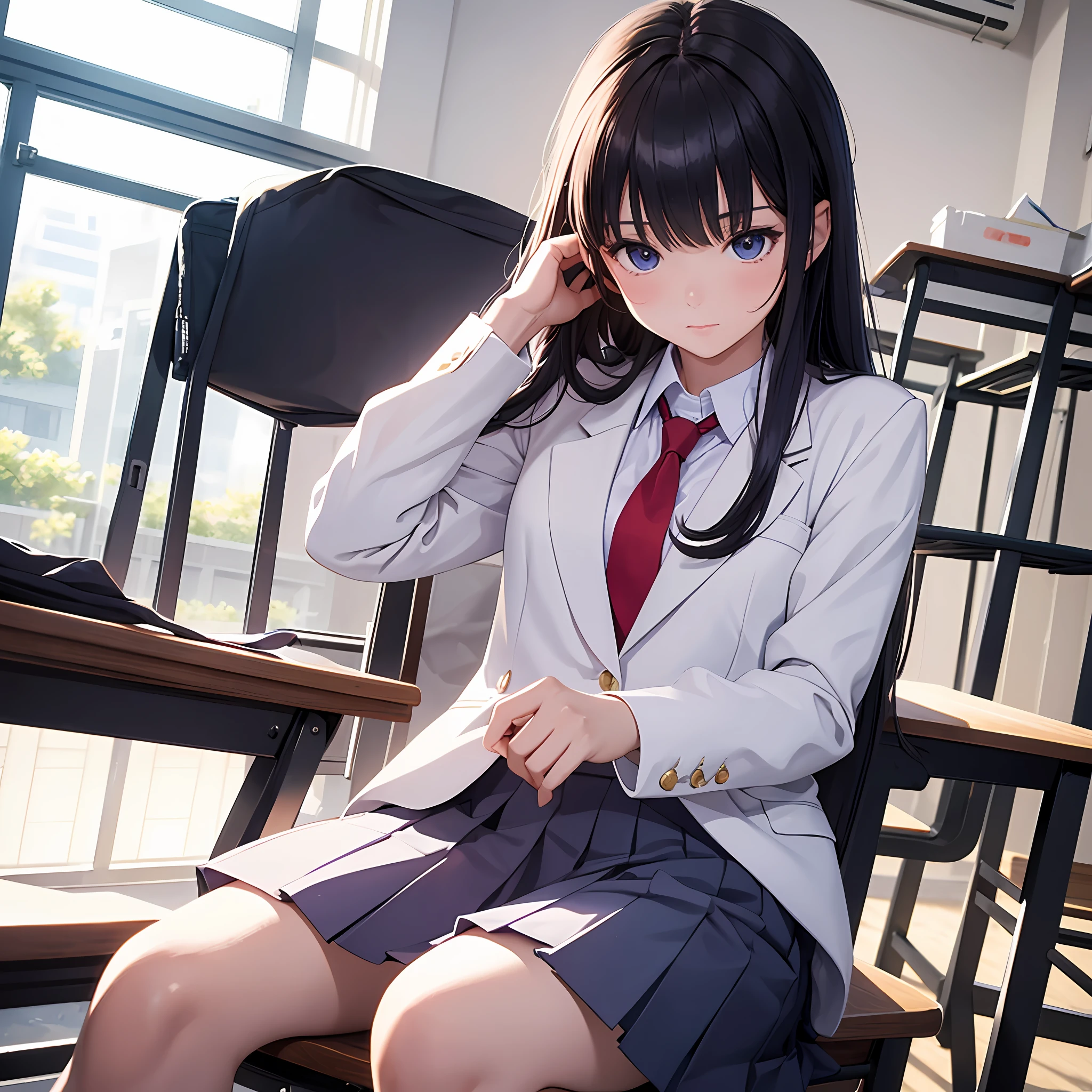 masterpiece, best quality, 1girl, solo, raiden_genshin, school uniform, white shirt, blazer, skirt, red tie, classroom, sitting --auto
