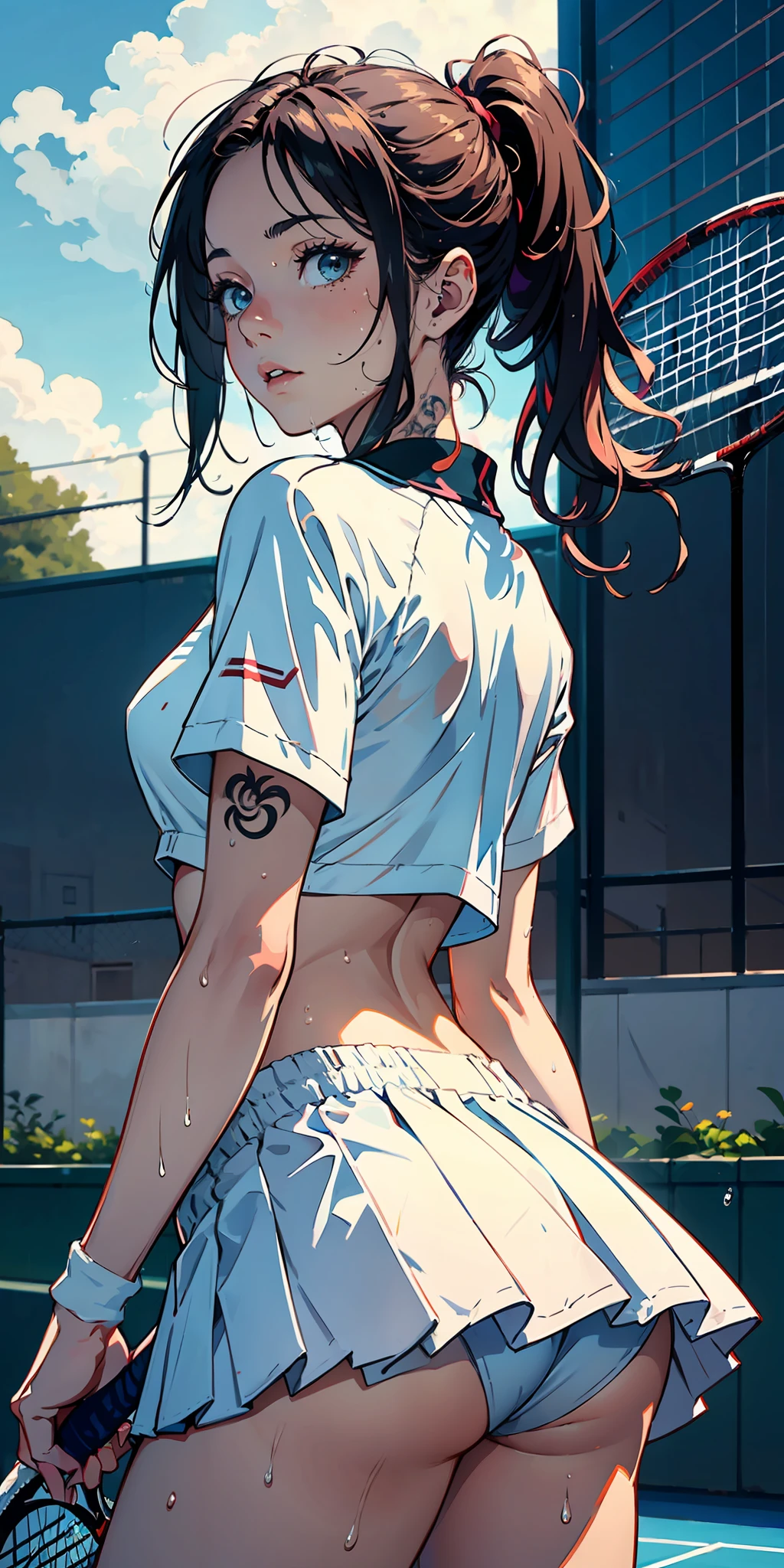 1girll,tennis player,s the perfect face,crisp breasts, Convex buttocks,Tattooed with,White sports short sleeves,Short white pleated skirt,White sport socks,White tennis shoes,Wet hair,High ponytail,body soaking wet,Swing the paddle,tennis court,Sunnyday,Clouds, Detailed background, Clothing details, perfectly proportioned, filmgrain, Fuji colors, lightand shade contrast, tmasterpiece, high detal, high qulity, A high resolution, Cinematic lighting, 8K, Textured skin, Super detail