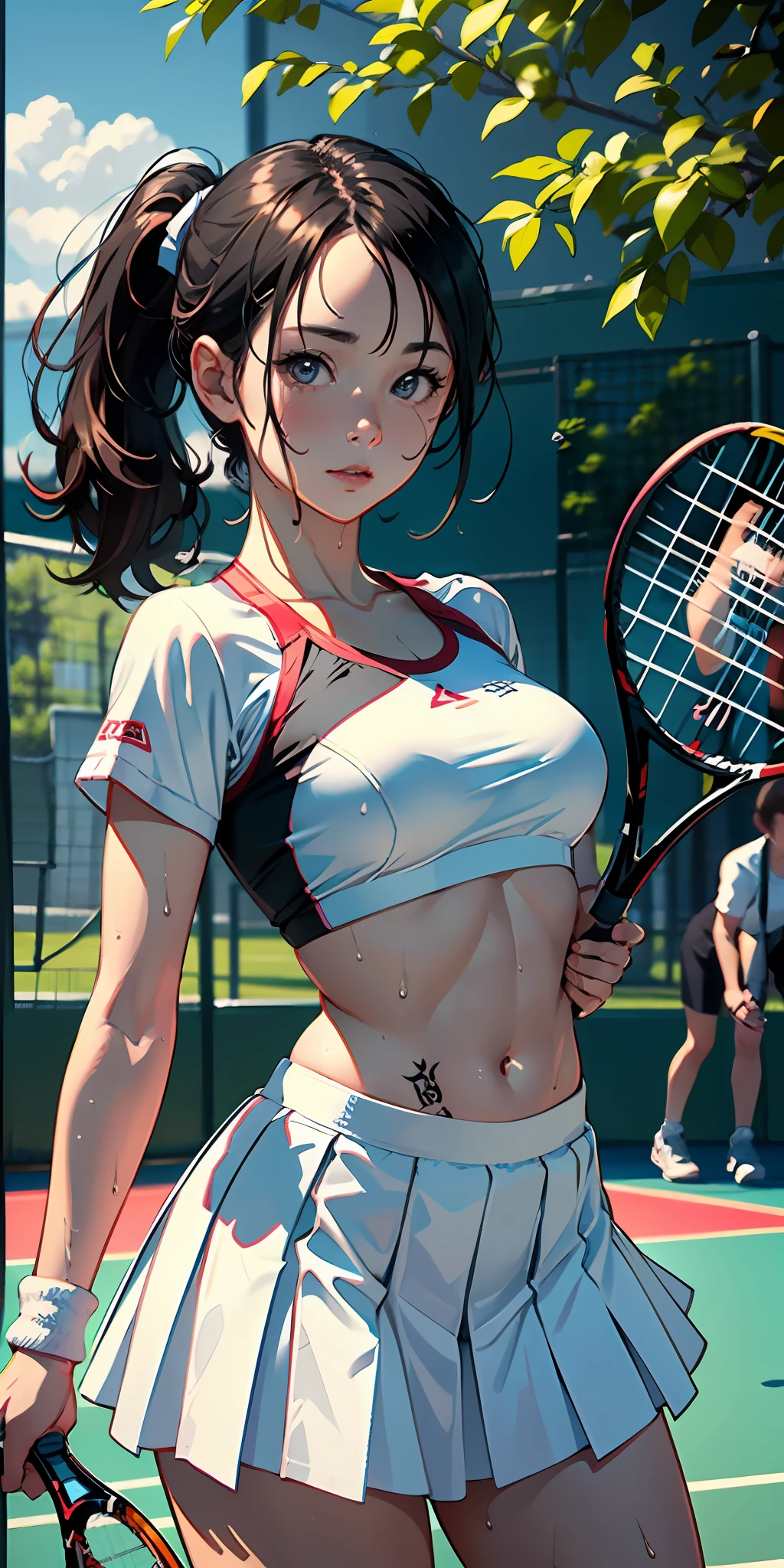 1girll，tennis player，s the perfect face，crisp breasts, Convex buttocks,Tattooed with，White sports short sleeves，Short white pleated skirt，White sport socks，White tennis shoes，Wet hair，High ponytail，body soaking wet，Swing the paddle，tennis court，Sunnyday，Clouds， Detailed background, Clothing details, perfectly proportioned, filmgrain, Fuji colors, lightand shade contrast, tmasterpiece, high detal, high qulity, A high resolution, Cinematic lighting, 8K, Textured skin, Super detail