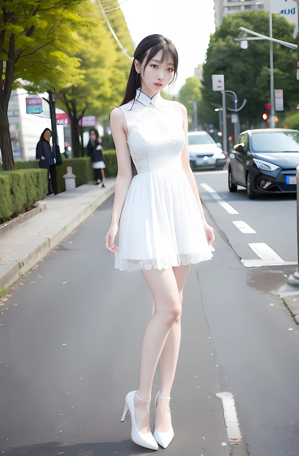 Chinese woman in lace dress standing on sidewalk，Long thin legs, very beautiful long slim legs, very beautiful slim legs, Tights; On the street, chinese women's fashion model, mini-skirts, Long legs, Beautiful slim legs, photo of slim girl model, wearing tight simple clothes，White heels，realisticlying，hyper realisitc，spread their legs