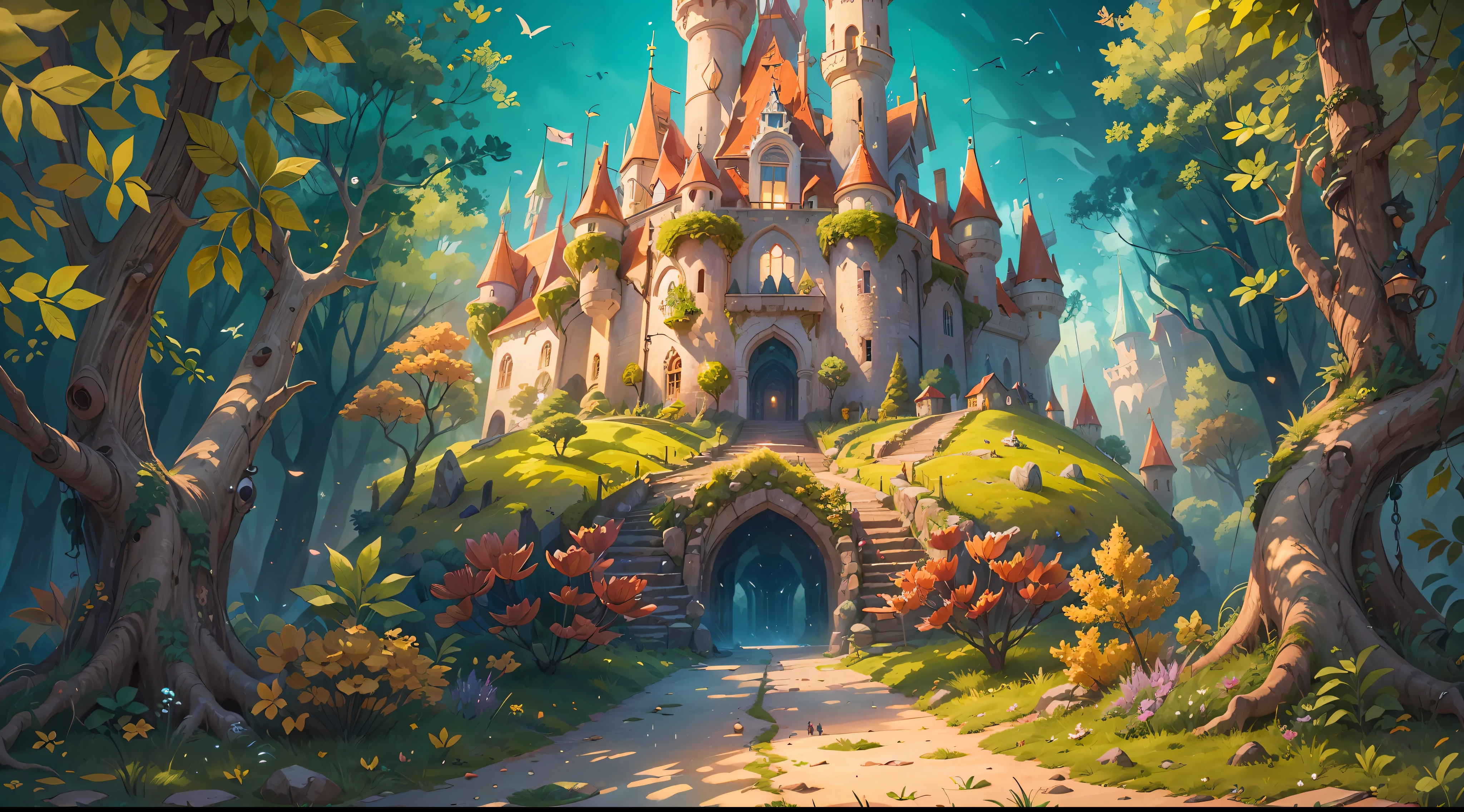 Fairytale picture book-like magical castle with a colorful fantasy forest in the background, ((high quality, masterpiece, high detail, 4K)), wallpaper