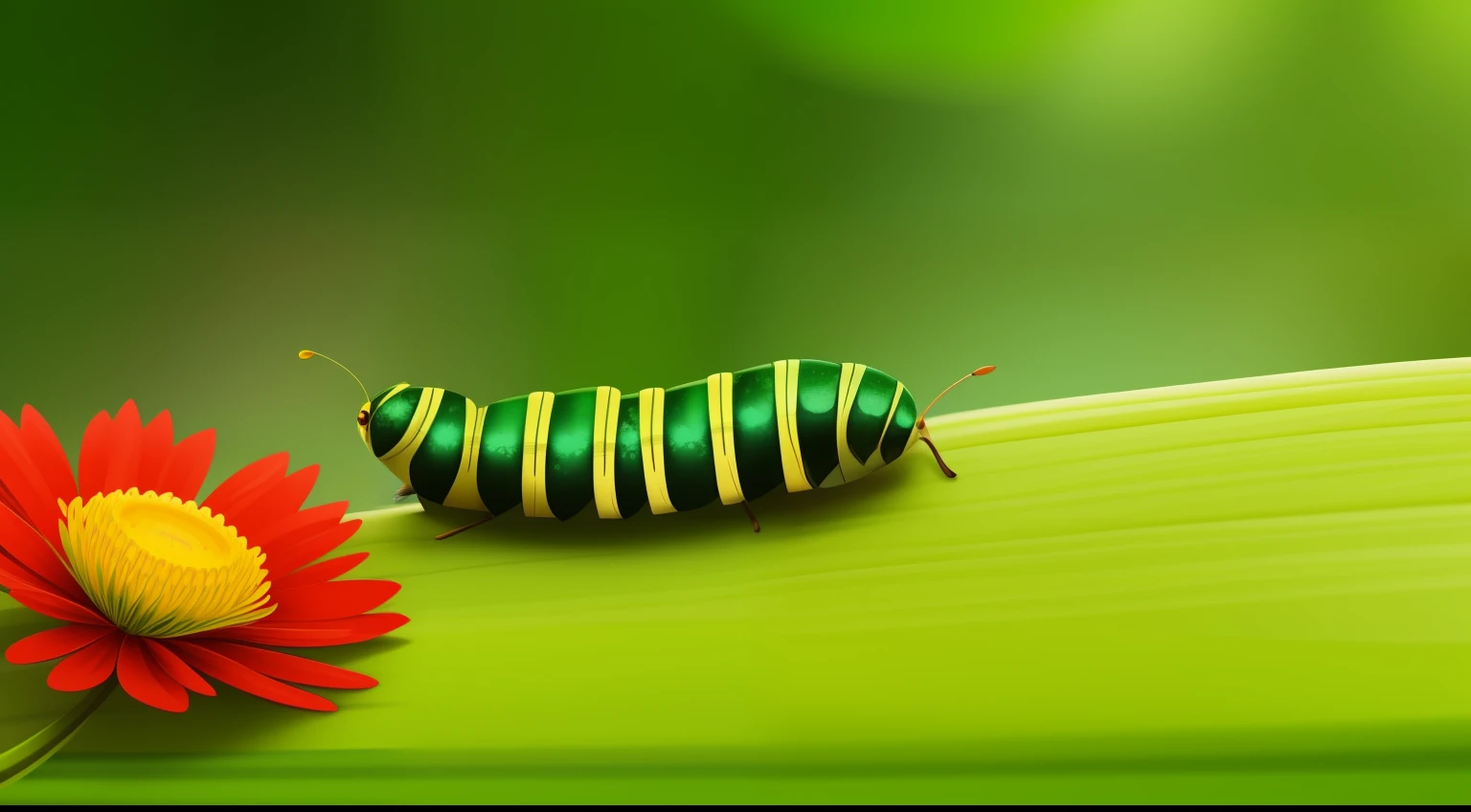 enchanting illustration of young caterpillar, perched on a leaf in the lush green valley. Her bright and curious eyes are gazing wistfully beyond the valley's horizon, where the sun sets in a beautiful array of colors. The gentle breeze rustles through the tall grass and vibrant flowers, carrying the promise of adventure and discovery