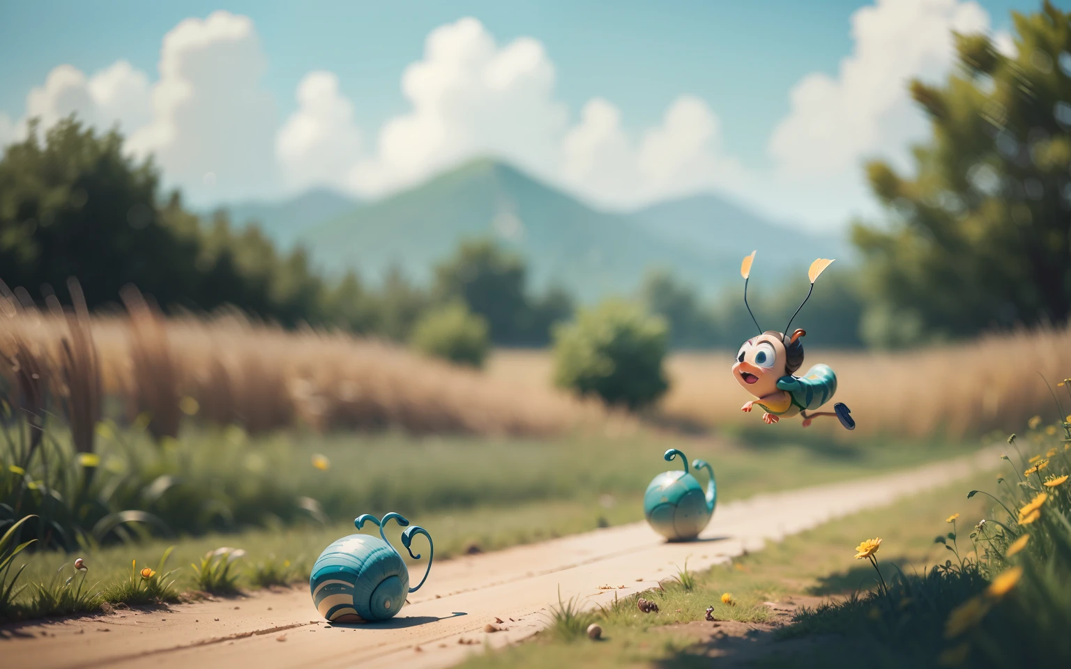 Sports competitions. Funny, funny Snail and funny Caterpillar. They fly somersault from a springboard into the water. close-up. Disney Pixar cartoon style frame, super photorealistic, cinematic, muted colors, light haze, high-speed blurry background of a summer meadow. --auto --s2