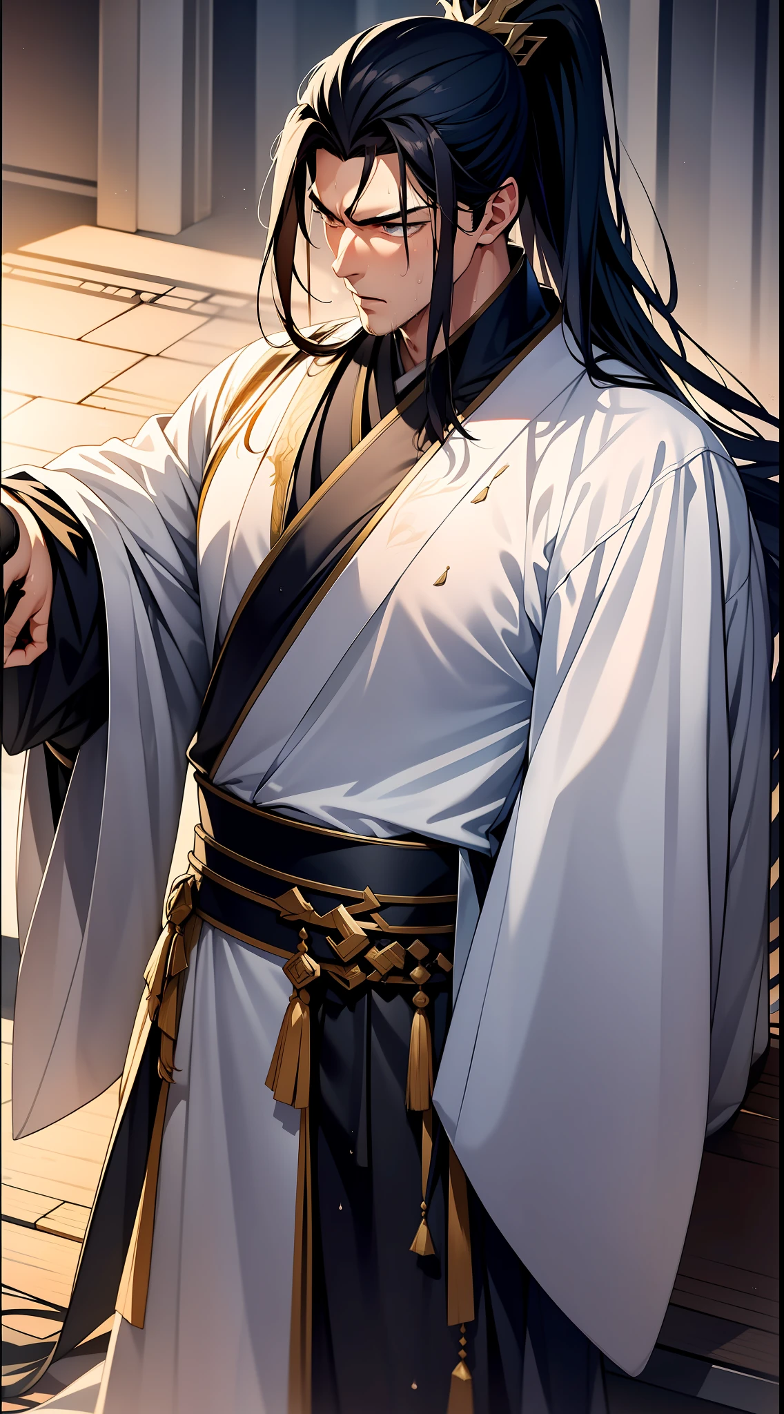 Two-dimensional, anime style, man (male warrior), muscle, correct proportions, face details, martial arts, high ponytail hairstyle, sweating, sweaty face, drooling, neck details, with Adam's apple, wet, wet, Hanfu costume, long robe, embroidered robe, dragon robe, clothing details, collar, long sleeves, game quality, swordsman demeanor, light and shadow tracing, ray tracing, detail glow, CG rendering, hair details, long black hair, golden eyes, sweaty face, handsome, handsome, sweat beads slipping down the neck, (juvenile feeling), complex clothing, wet, wet, perfect composition, refinement, high quality, more details, a lot of details, complex background, atmosphere,