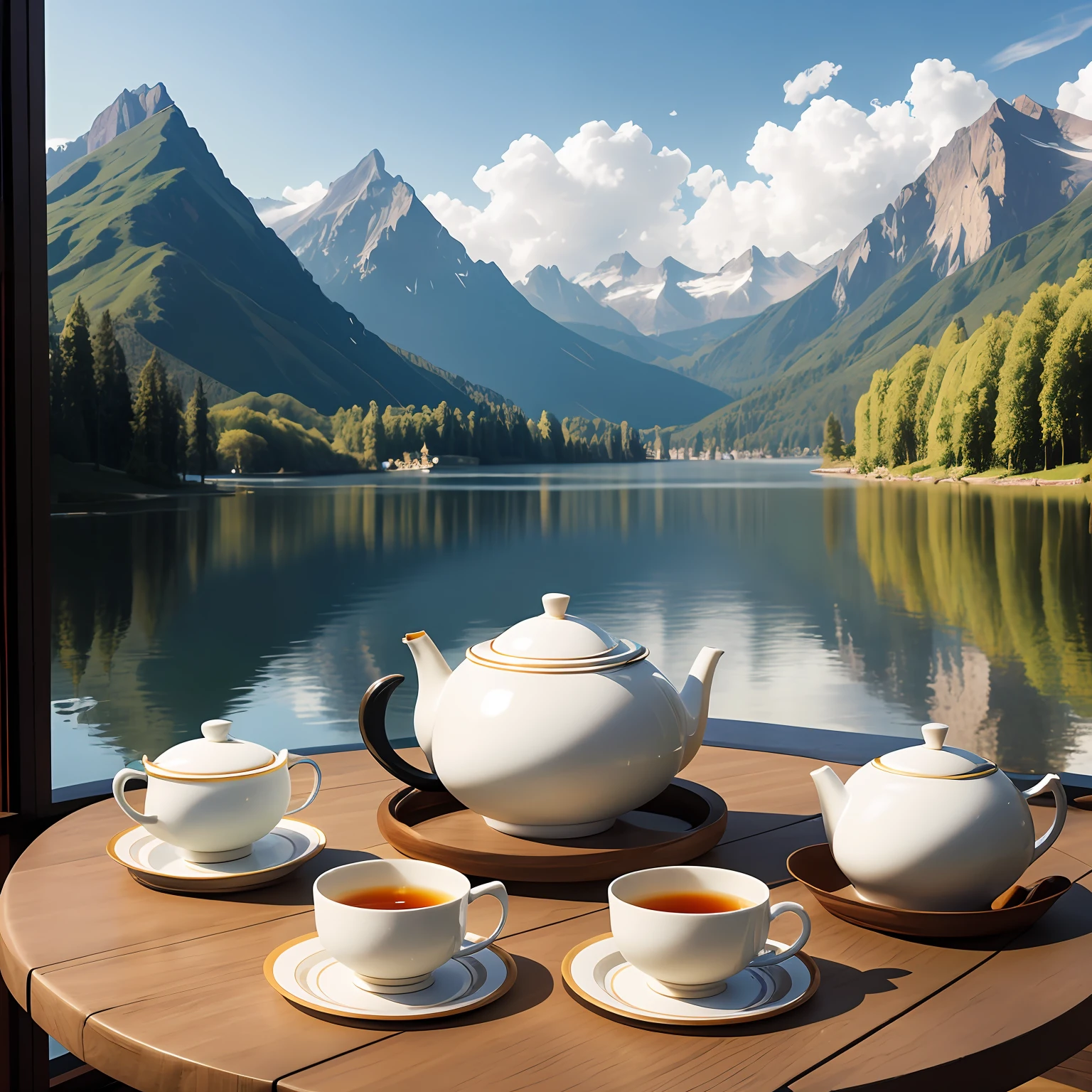 There were teapots and cups on the table,Mountain views, surreal tea party, Tea, author:Alexander Kucharisky,