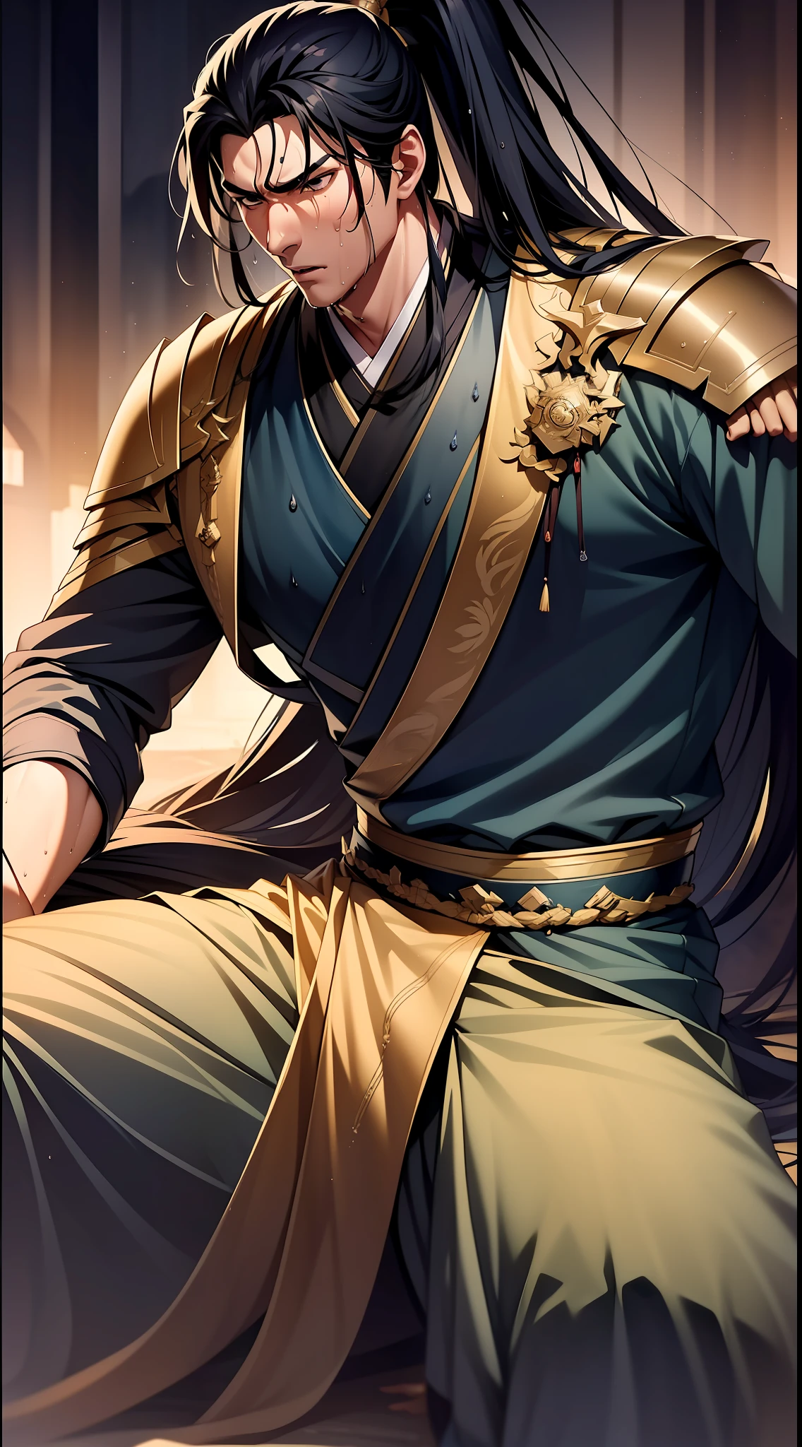 Two-dimensional, anime style, man (male warrior), muscle, correct proportions, face details, martial arts, high ponytail hairstyle, sweating, sweaty face, drooling, neck details, with Adam's apple, wet, wet, Hanfu costume, long robe, embroidered robe, dragon robe, clothing details, collar, long sleeves, game quality, swordsman demeanor, light and shadow tracing, ray tracing, detail glow, CG rendering, hair details, long black hair, golden eyes, sweaty face, handsome, handsome, sweat beads slipping down the neck, (juvenile feeling), complex clothing, wet, wet, perfect composition, refinement, high quality, more details, a lot of details, complex background, atmosphere,