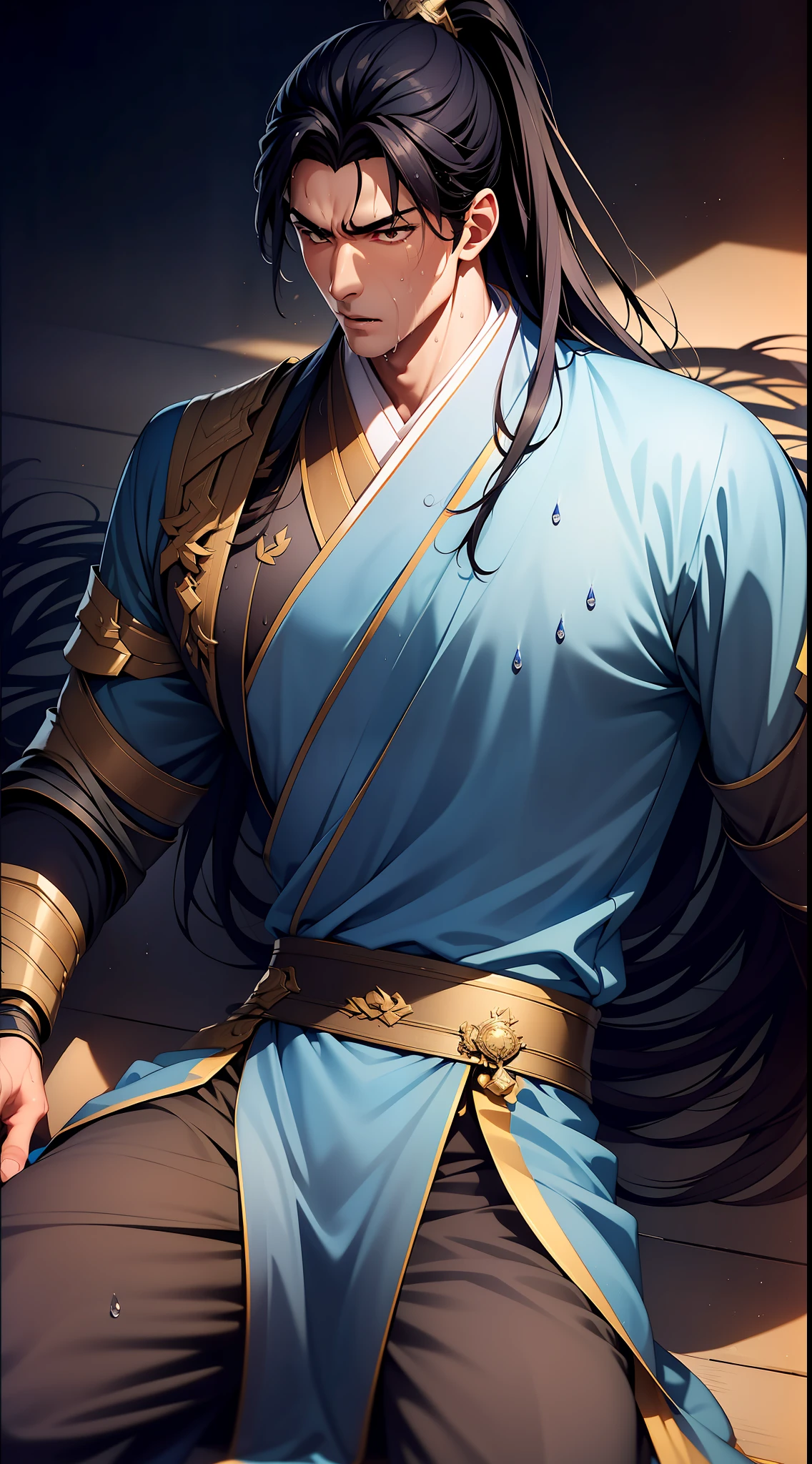 Two-dimensional, anime style, man (male warrior), muscle, correct proportions, face details, martial arts, high ponytail hairstyle, sweating, sweaty face, drooling, neck details, with Adam's apple, wet, wet, Hanfu costume, long robe, embroidered robe, dragon robe, clothing details, collar, long sleeves, game quality, swordsman demeanor, light and shadow tracing, ray tracing, detail glow, CG rendering, hair details, long black hair, golden eyes, sweaty face, handsome, handsome, sweat beads slipping down the neck, (juvenile feeling), complex clothing, wet, wet, perfect composition, refinement, high quality, more details, a lot of details, complex background, atmosphere,