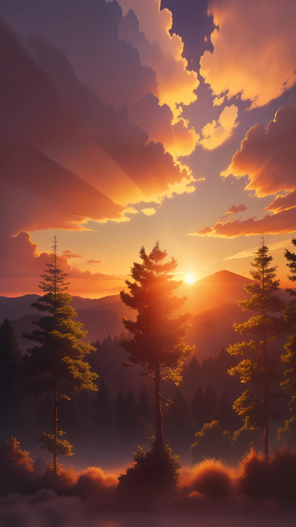 Sunset with plam trees, colorful, cloudy,high resolution, high quality