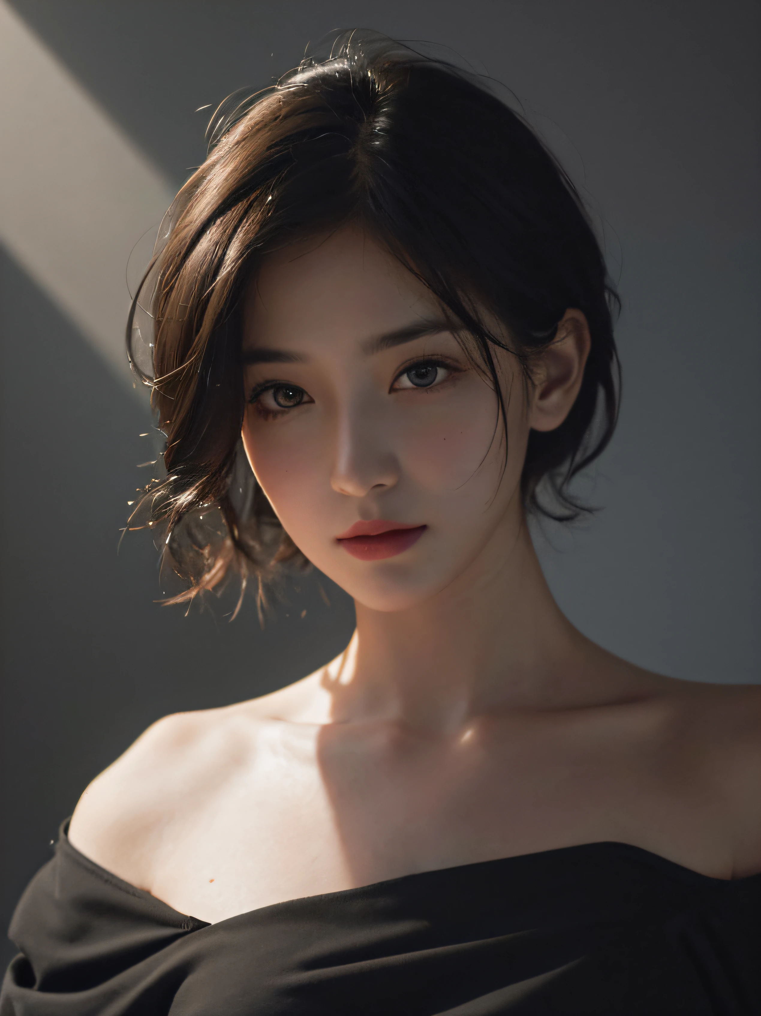 Best quality, masterpiece, ultra high res, (photorealistic:1.5), raw photo, 1girl, offshoulder, in the dark, deep shadow, low key, cold light, sexy look, short hair