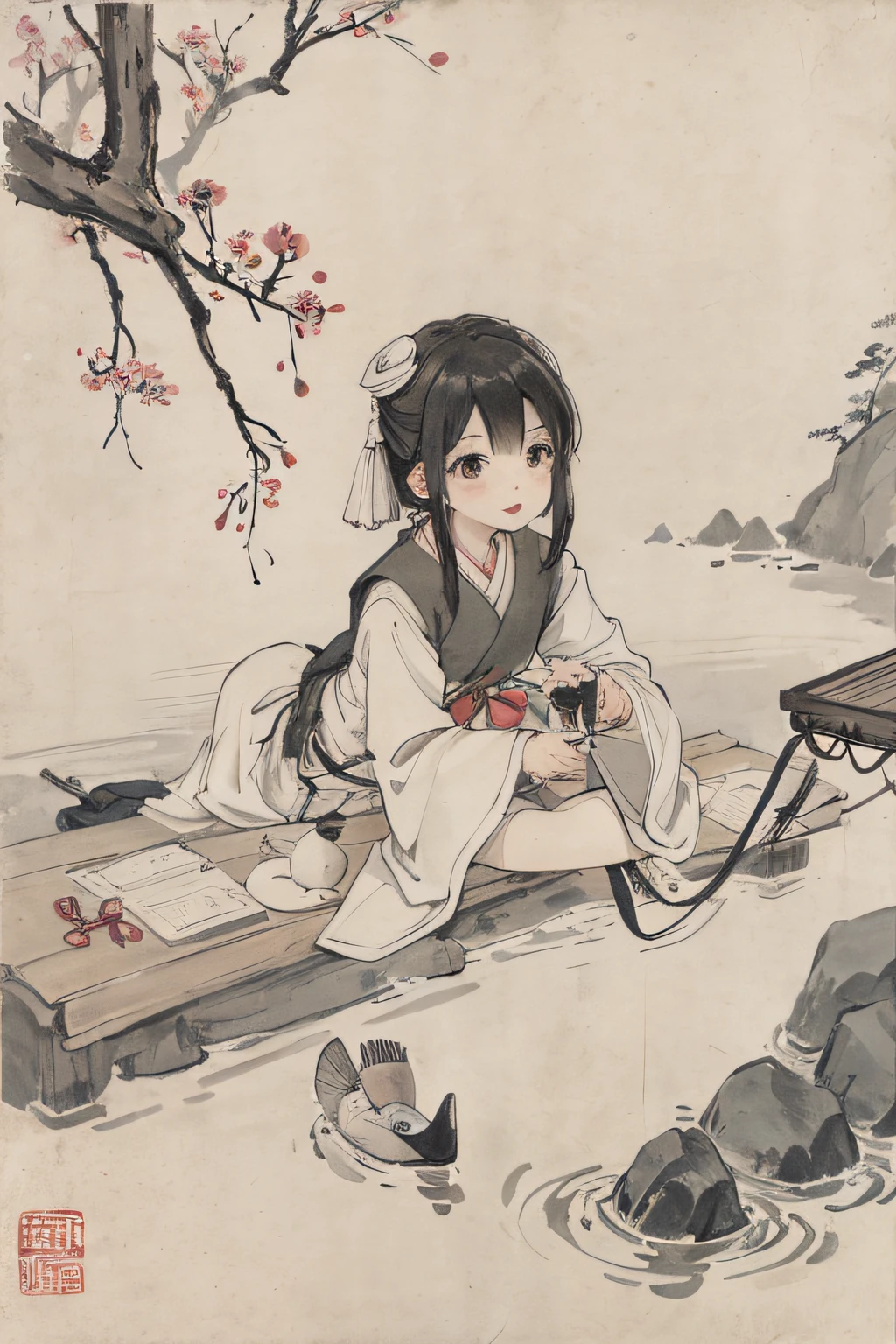 (tmasterpiece,best qualtiy:1.2),Tradition Chinese Ink Painting,Delicate modern little girl playing paper boat