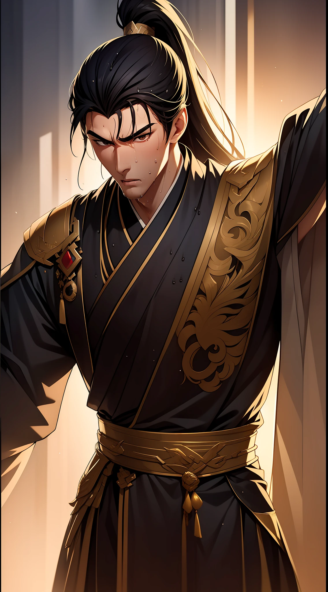 Two-dimensional, anime style, man (male warrior), muscle, correct proportions, face details, martial arts, high ponytail hairstyle, sweating, sweaty face, drooling, neck details, with Adam's apple, wet, wet, Hanfu costume, long robe, embroidered robe, dragon robe, clothing details, collar, long sleeves, game quality, swordsman demeanor, light and shadow tracing, ray tracing, detail glow, CG rendering, hair details, long black hair, golden eyes, sweaty face, handsome, handsome, sweat beads slipping down the neck, (juvenile feeling), complex clothing, wet, wet, perfect composition, refinement, high quality, more details, a lot of details, complex background, atmosphere,
