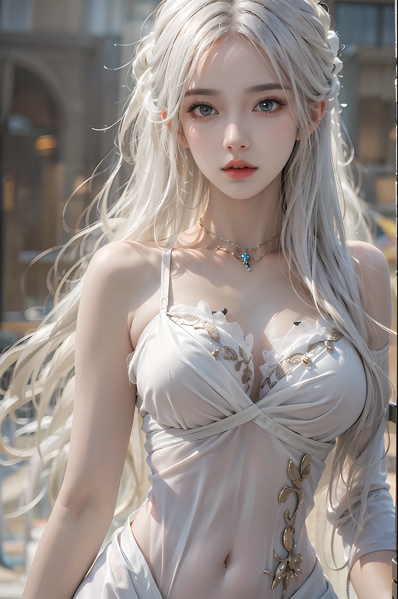 photorealistic, high resolution, 1 girl, hips up, white long hair, beautiful eyes, normal breast, elden ring style