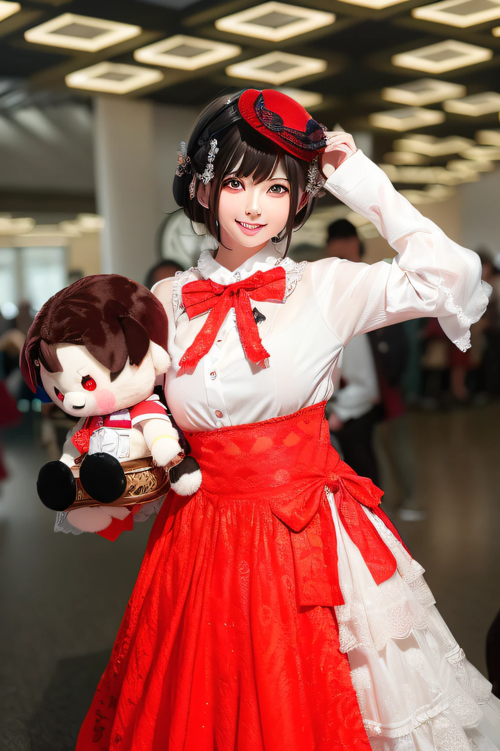 There was a woman in a red and white dress holding a stuffed animal, Anime cosplay, rpgmaker, Anime girl cosplay, cosplay foto, cosplay, , tohsaka-rin, cosplay of a catboy! maid! dress, cosplayer dressed like a crab, professional cosplay, taken with canon eos 5 d mark iv, annie from league of legends