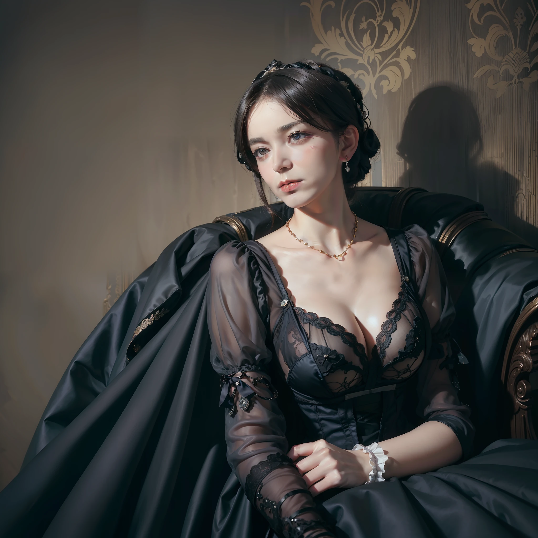 Award winning photo of a lonely and beautiful young full-breasted Caucasians (Victorian women:1.6) Wearing a (Victorian dress:1.2) and (Vintage lingerie:1.4) Victorian garter and hose,Necklaces and hair accessories, Undress for the pleasure of the audience, Protruding breast covering, in a (Luxurious Victorian living room:1.2) (Victorian wallpaper:1.2) (Victorian furniture:1.2), (Victorian carpet:1.2), (Rich:1.4), Erotic, voluptuous, Sensual, lecherous, leering, Alluring, Arousing, Pornographic, submissive, Dominant, Fearful, Mera Joli, Sexual, Sexy, Romantic, BDSM, Moody and melancholic atmosphere with dark background by Lee Jeffries Nikon D 8 5 0 Film Stock Photo 4 Kodak Portra 400 Camera F 1 6 lenses Rich colors Ultra-realistic textures Dramatic lighting Unreal Engine, Popular on ArtStation Cinestill, 800 T Eastmancolor, (Bokeh focus, Golden hour lighting). (Lady bleak:0.5),(Dark Studio, rim lit, twotonelighting, Dimly lit, low tune:1.6)