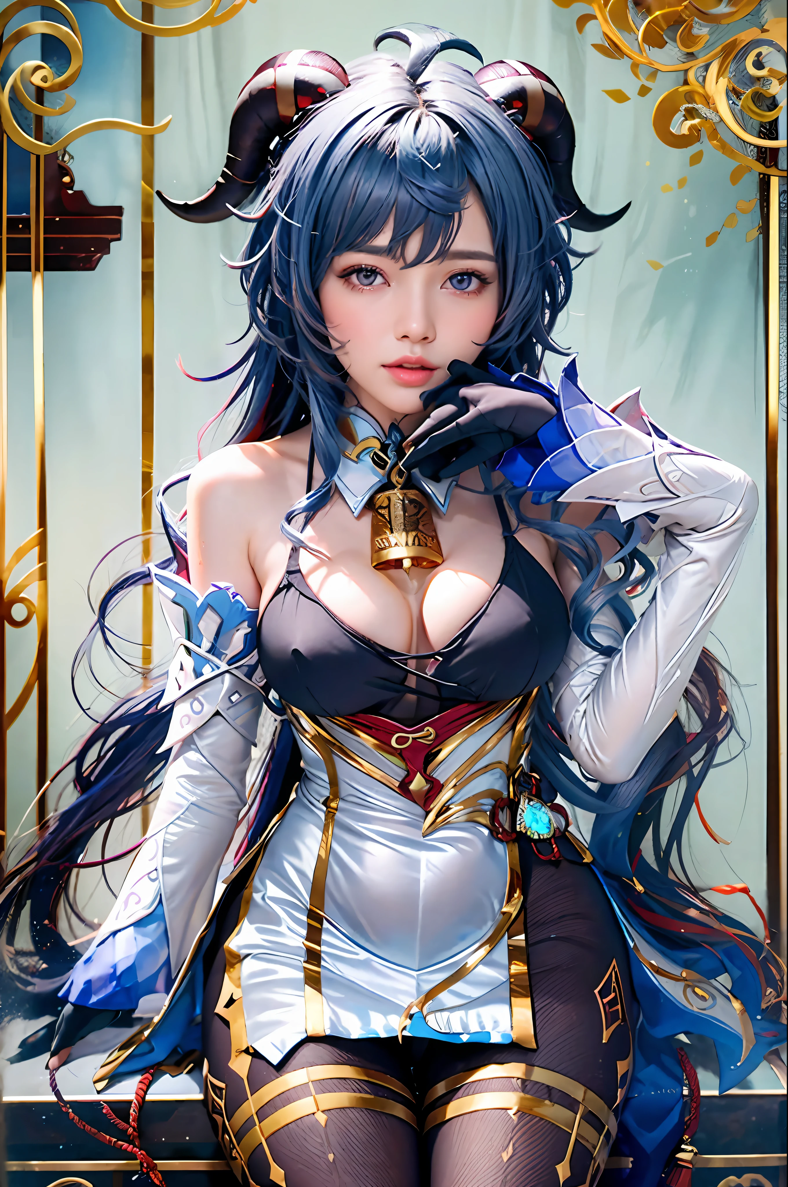 (photorealistic:1.4), (masterpiece, sidelighting, finely detailed beautiful eyes: 1.2), masterpiece*portrait, realistic, 3d face,
ganyu \(genshin impact\), 1girl, ahoge, architecture, bangs, bare shoulders, bell, black gloves, black pantyhose, (blue hair), blush, breasts, chinese knot, detached sleeves, flower knot, gloves, horns, long hair, looking at viewer, medium breasts, neck bell